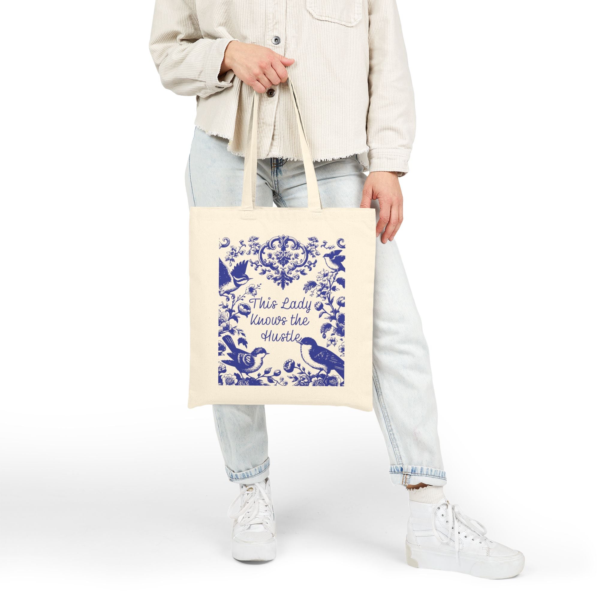 💼 This Lady Knows the Hustle – Blue Chinoiserie Floral Cotton Canvas Tote | Elegant Double-Sided Bag for On-the-Go Women