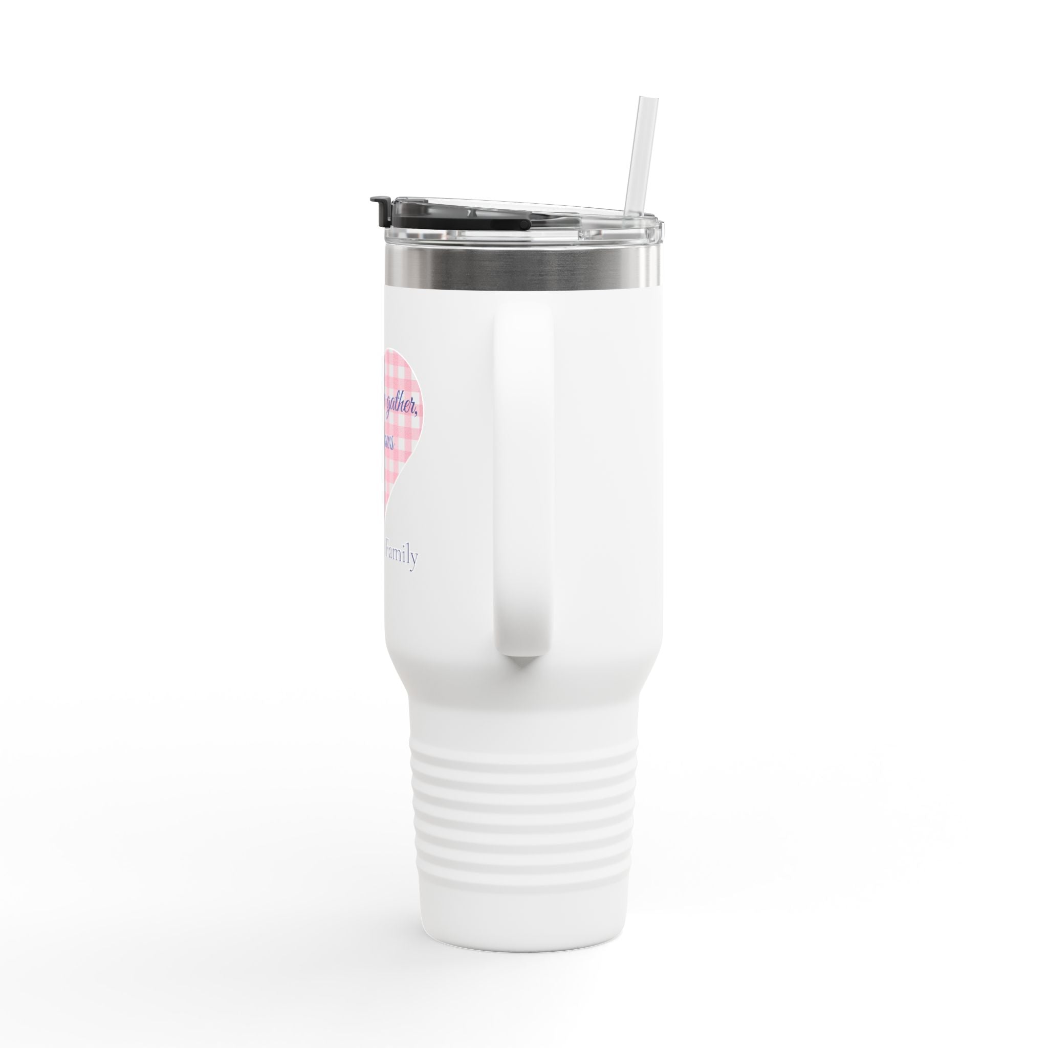 40oz Personalized Travel Mug – Gingham Heart Family Name Tumbler – “Where We Gather, Love Grows” Insulated Cup with Handle & Straw