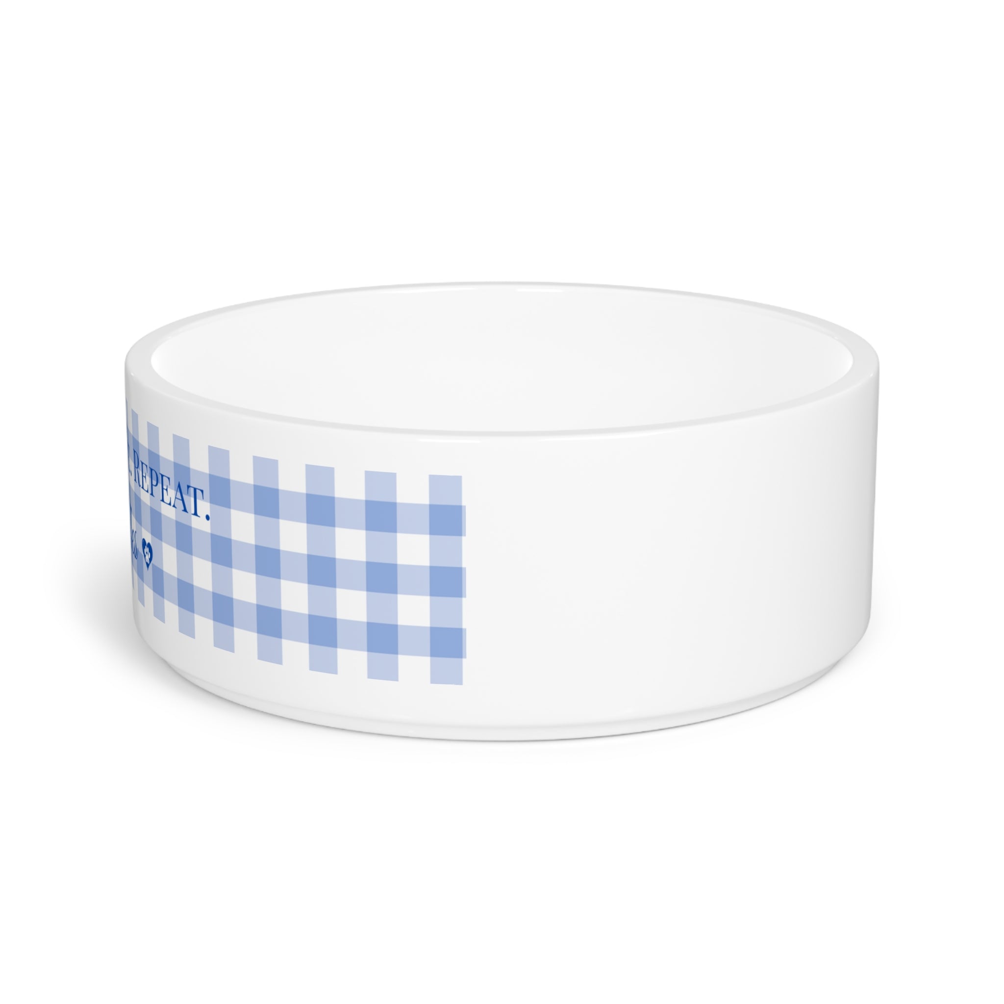 Personalized Dog Water Bowl – “Sip, Slurp, Love. Repeat.” Custom Ceramic Pet Dish with Blue Gingham Design