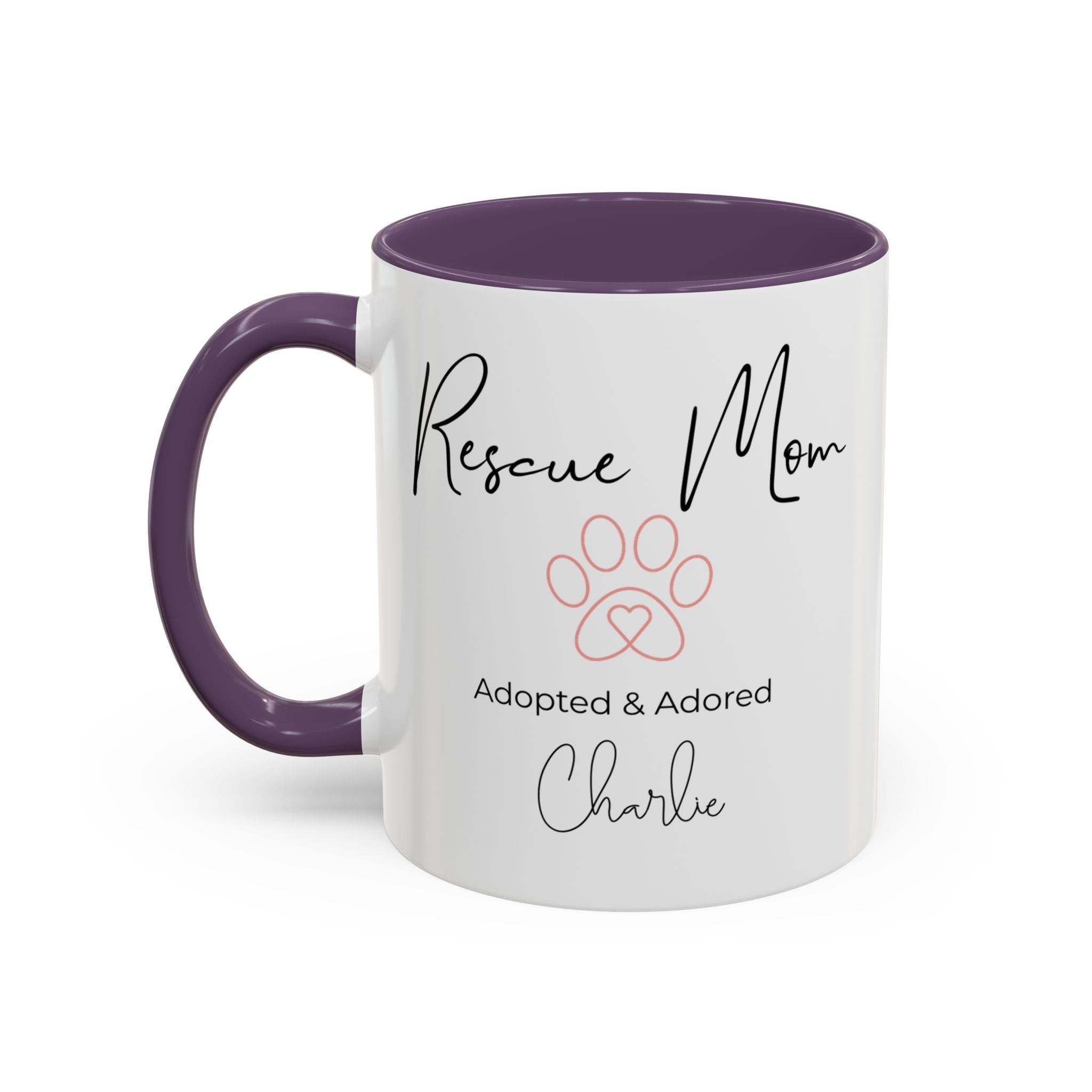 Rescue Mom Mug with Pet Name – Personalized Dog Lover Gift, Adopted & Adored, 15oz Accent Coffee Mug, Dishwasher Safe, USA Made