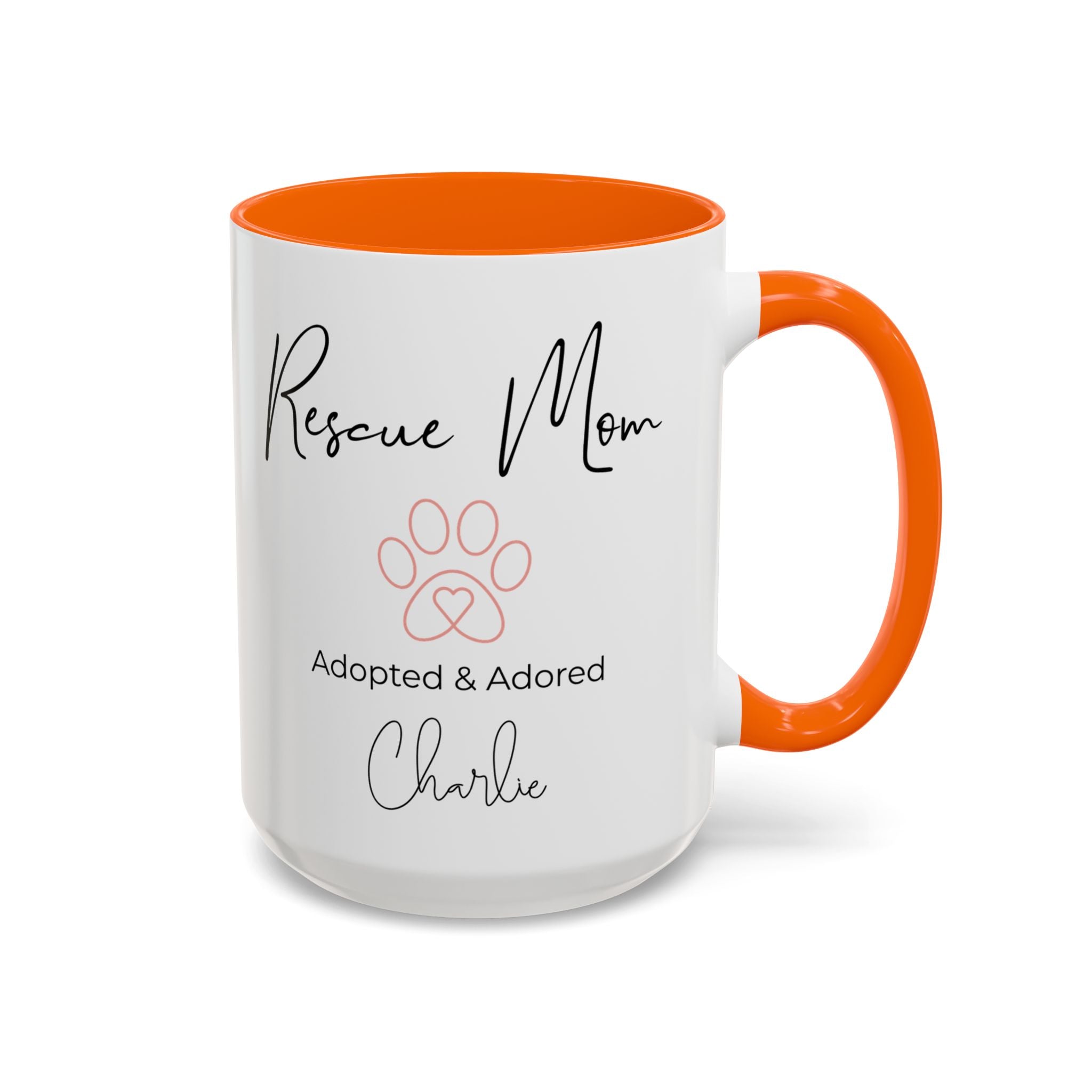 Rescue Mom Mug with Pet Name – Personalized Dog Lover Gift, Adopted & Adored, 15oz Accent Coffee Mug, Dishwasher Safe, USA Made