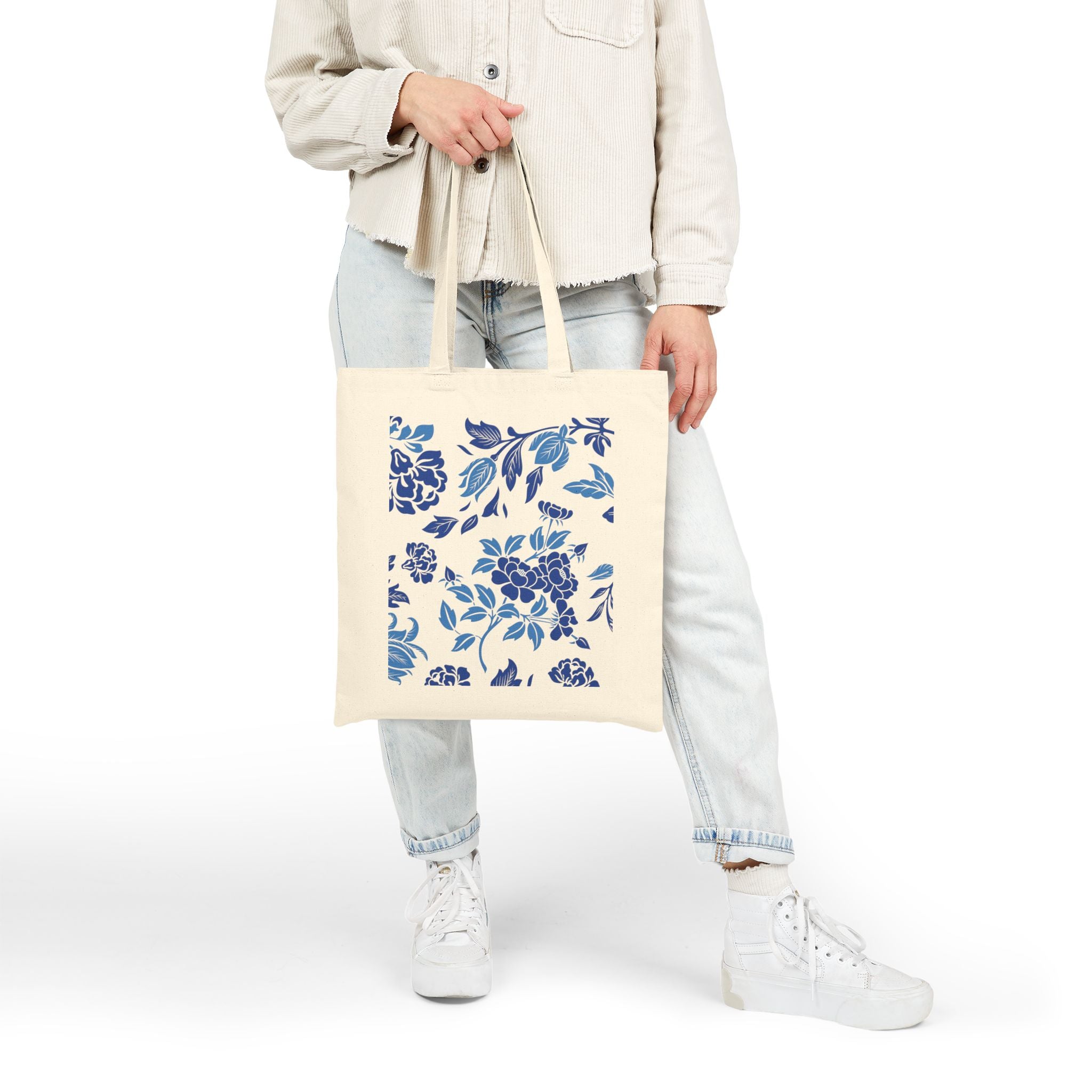 World Class Grandma Blue Floral Chinoiserie Cotton Canvas Tote Bag