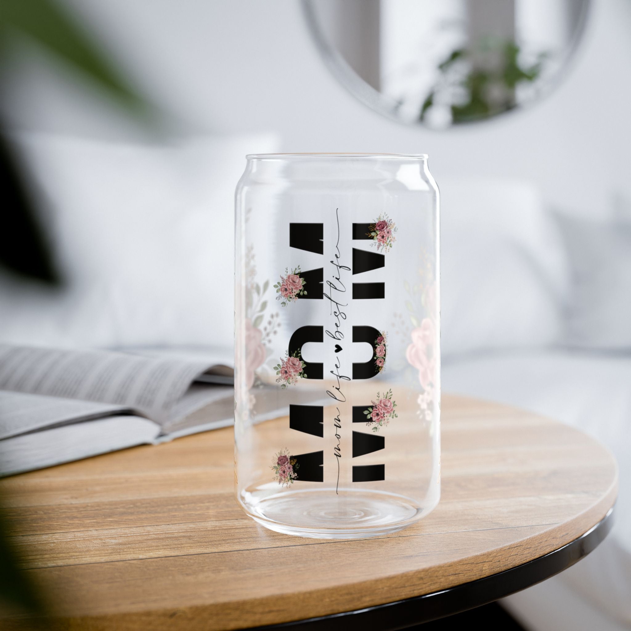 🌸 Floral Mom Life Glass Tumbler – 16oz Reusable Cup with Bamboo Lid & Straw