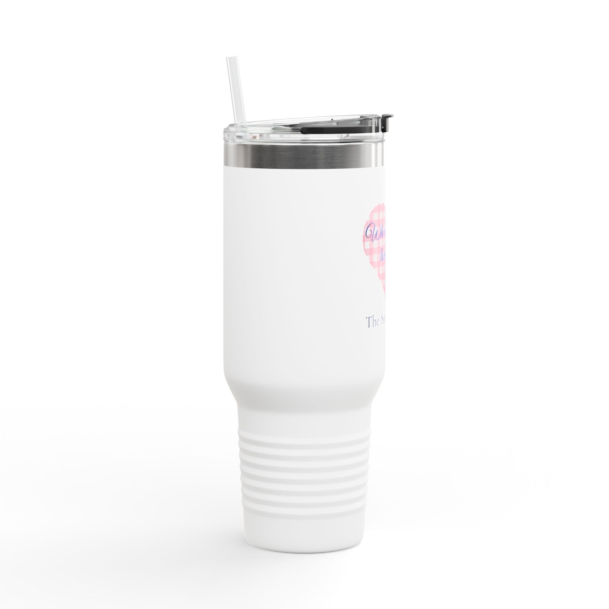 40oz Personalized Travel Mug – Gingham Heart Family Name Tumbler – “Where We Gather, Love Grows” Insulated Cup with Handle & Straw
