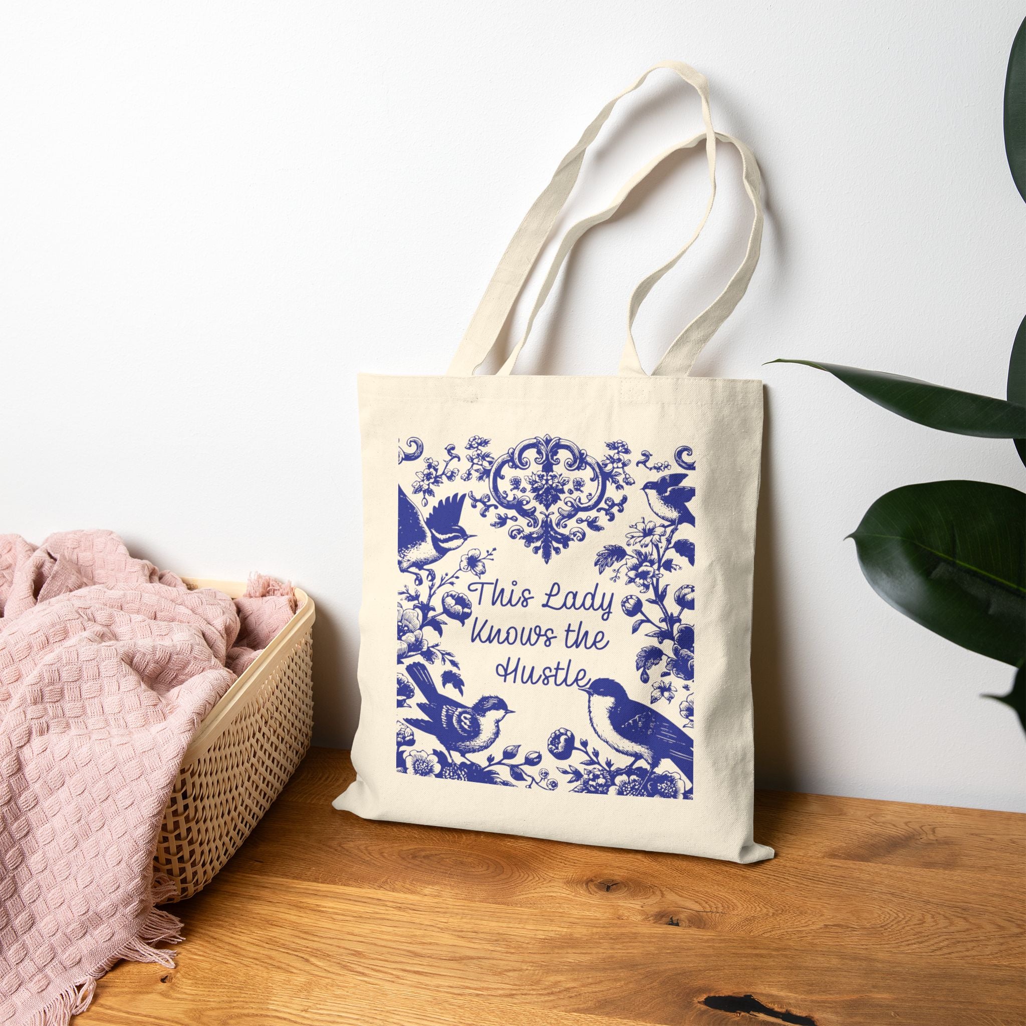 💼 This Lady Knows the Hustle – Blue Chinoiserie Floral Cotton Canvas Tote | Elegant Double-Sided Bag for On-the-Go Women