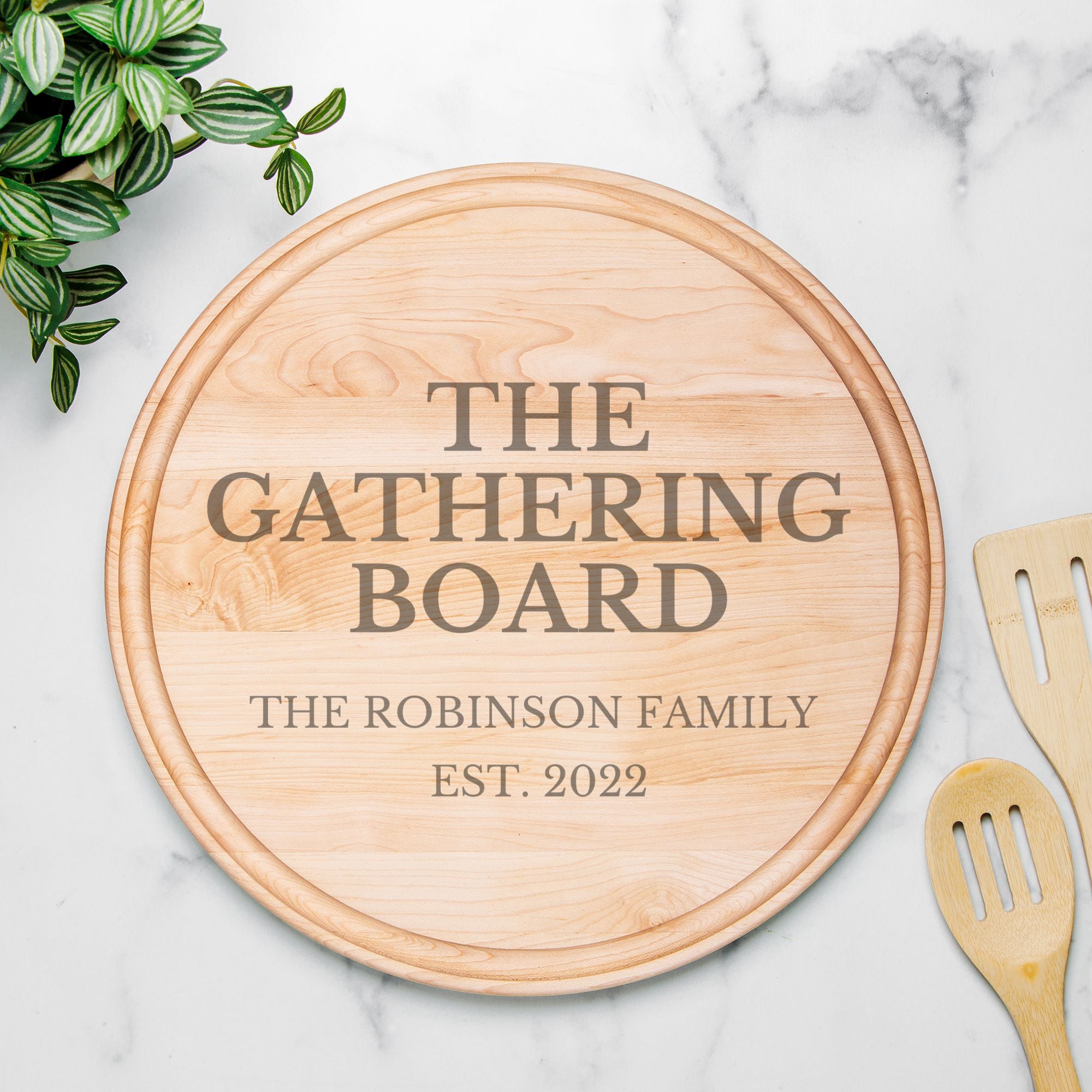 The Gathering Board – Personalized Round Charcuterie Board | Maple or Walnut Family Gift