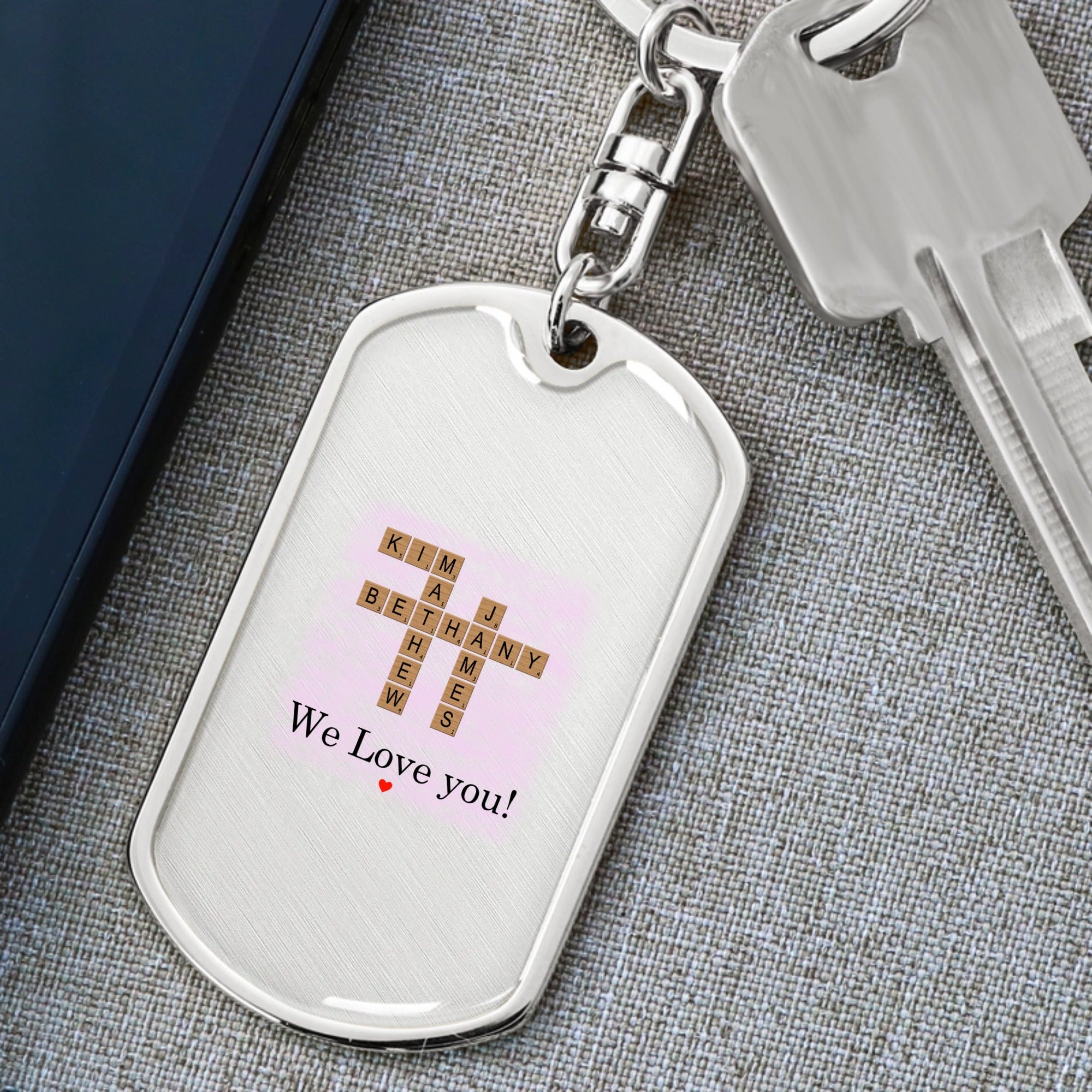 Custom Crossword Name Keychain – Personalized Dog Tag Gift with Message in Silver or Gold