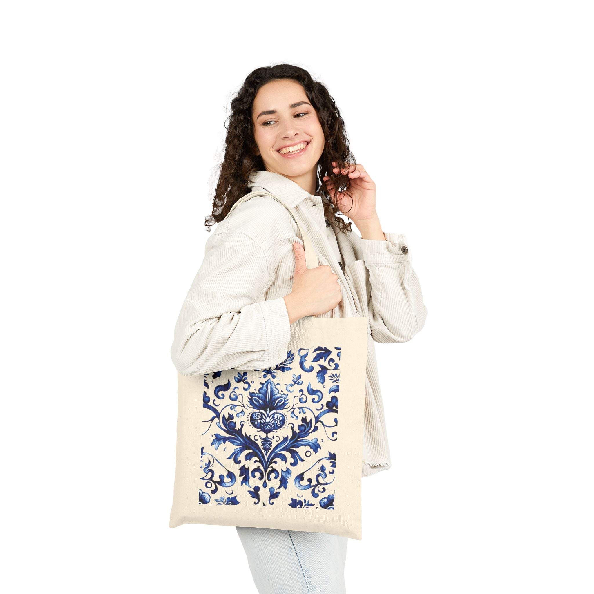 💼 This Lady Knows the Hustle – Blue Chinoiserie Floral Cotton Canvas Tote | Elegant Double-Sided Bag for On-the-Go Women