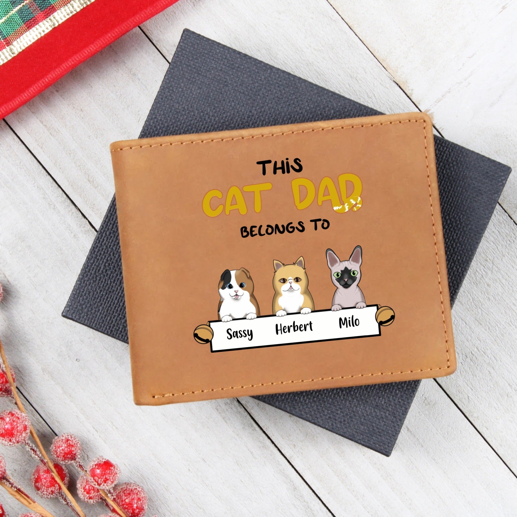 Personalized Cat Dad Wallet – Custom Leather Bifold with Up to 3 Cats & Names