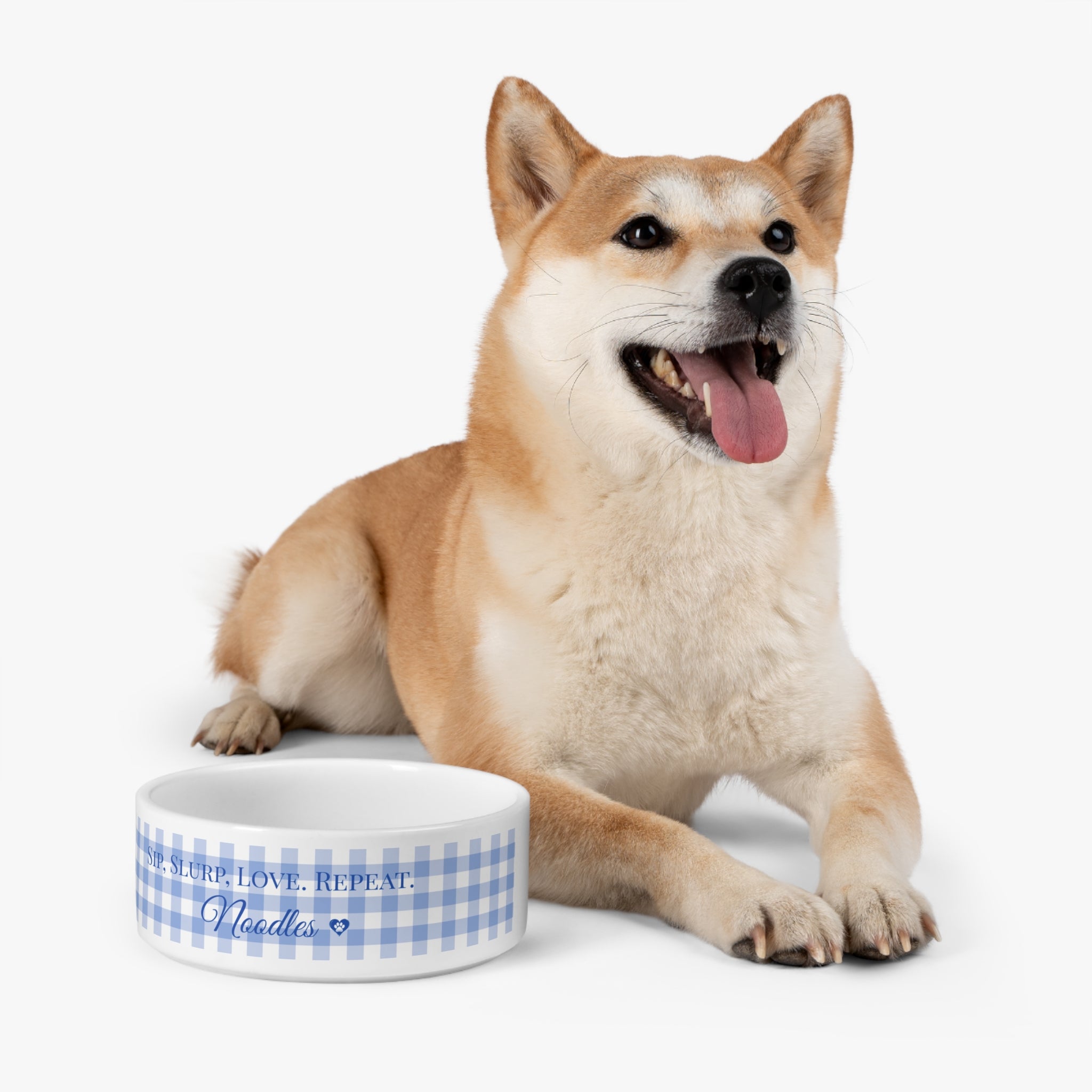 Personalized Dog Water Bowl – “Sip, Slurp, Love. Repeat.” Custom Ceramic Pet Dish with Blue Gingham Design