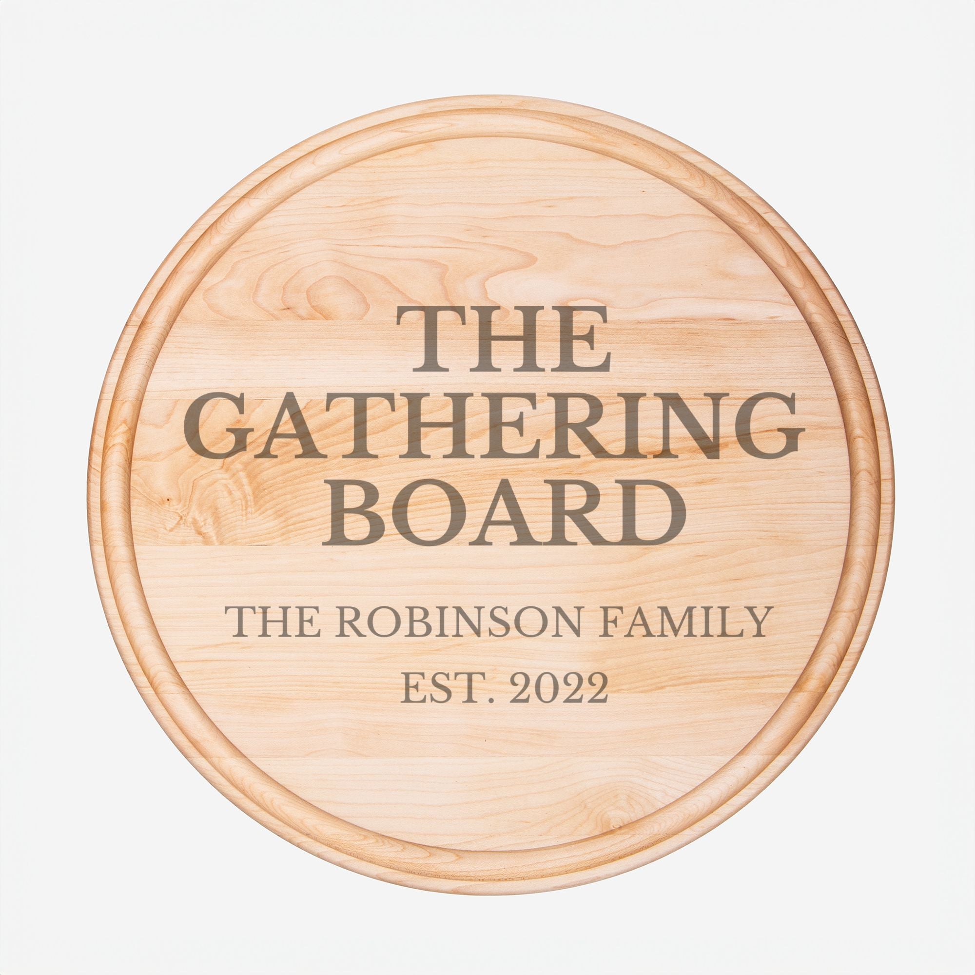 The Gathering Board – Personalized Round Charcuterie Board | Maple or Walnut Family Gift