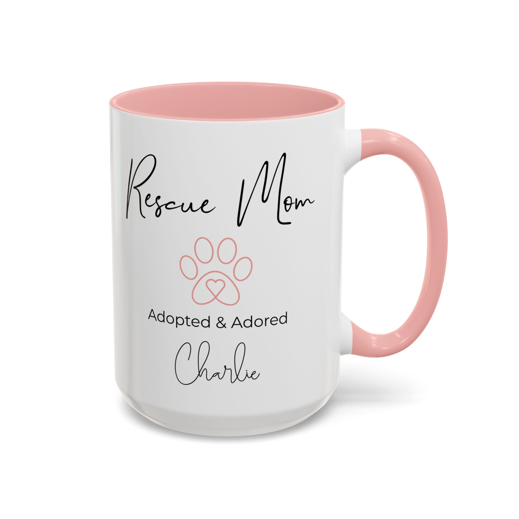 Rescue Mom Mug with Pet Name – Personalized Dog Lover Gift, Adopted & Adored, 15oz Accent Coffee Mug, Dishwasher Safe, USA Made
