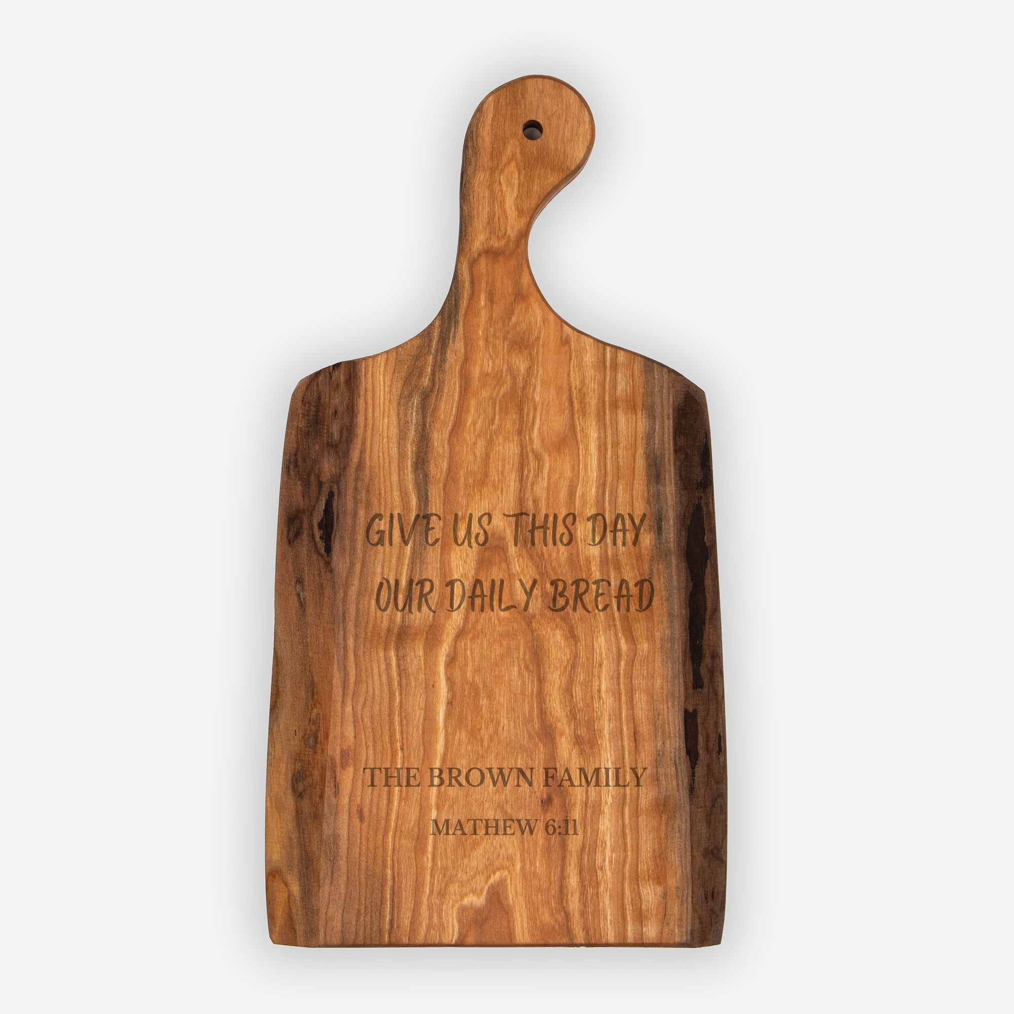 Personalized Live Edge Cherry Wood Serving Board – Daily Bread Quote & Family Name Engraving