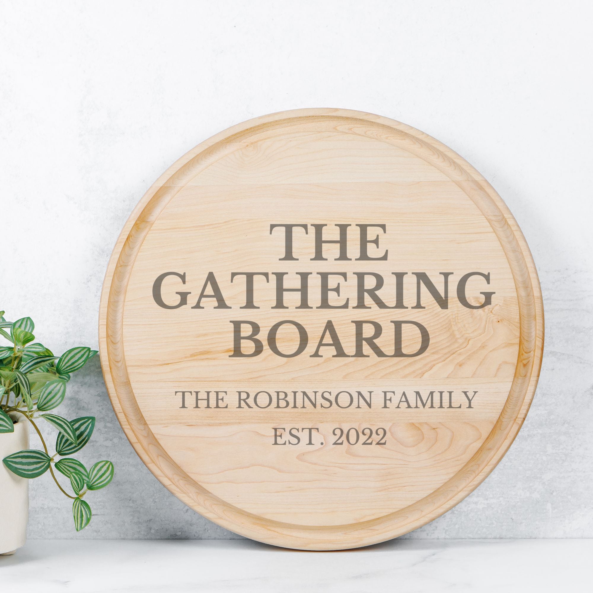 The Gathering Board – Personalized Round Charcuterie Board | Maple or Walnut Family Gift