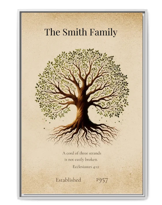 Personalized Family Tree Framed Canvas – Custom Name, Quote & Established Year – Sentimental Wall Art Gift
