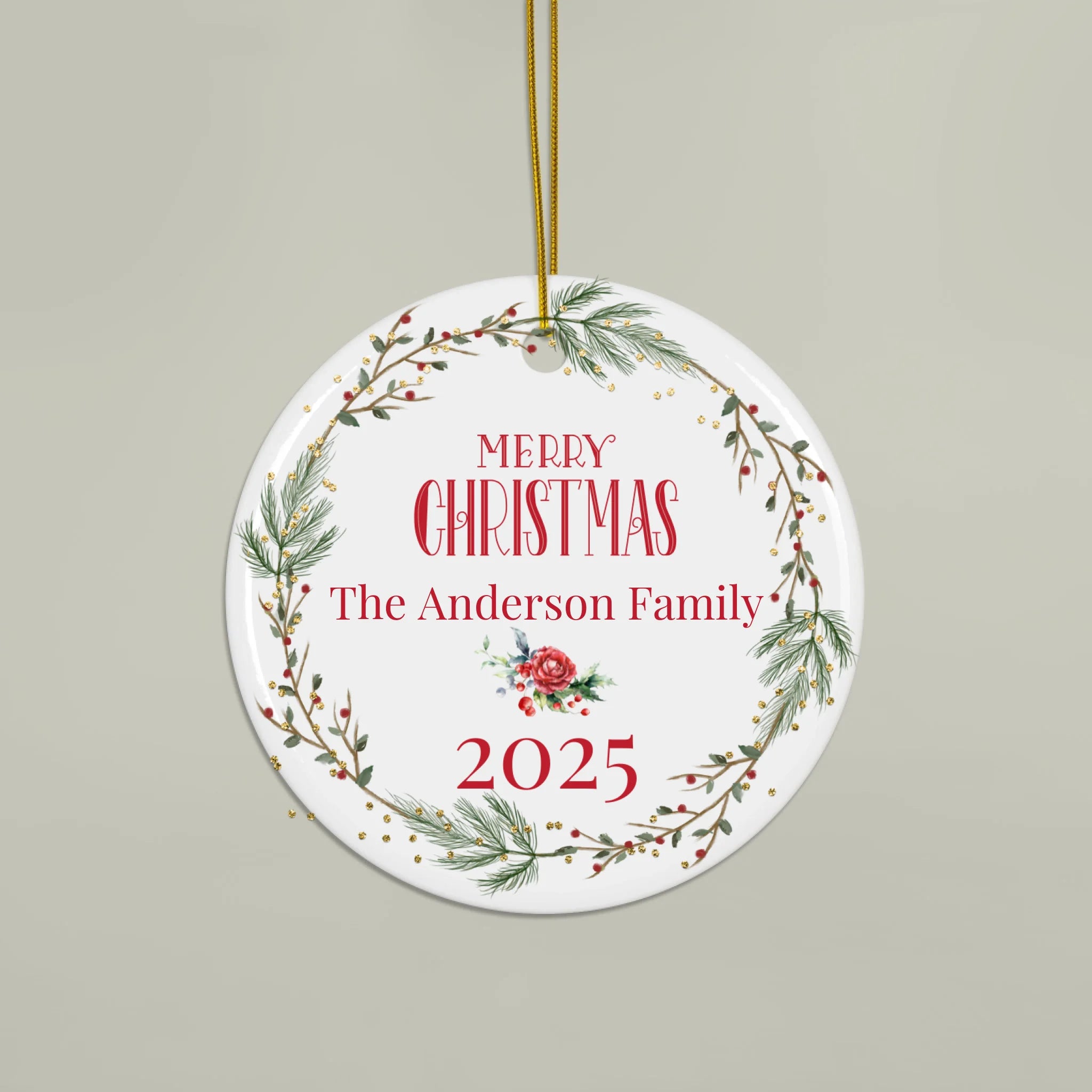 Custom Family Christmas Ornament 2025 – Photo Upload & Name, Double-Sided Ceramic Wreath Keepsake
