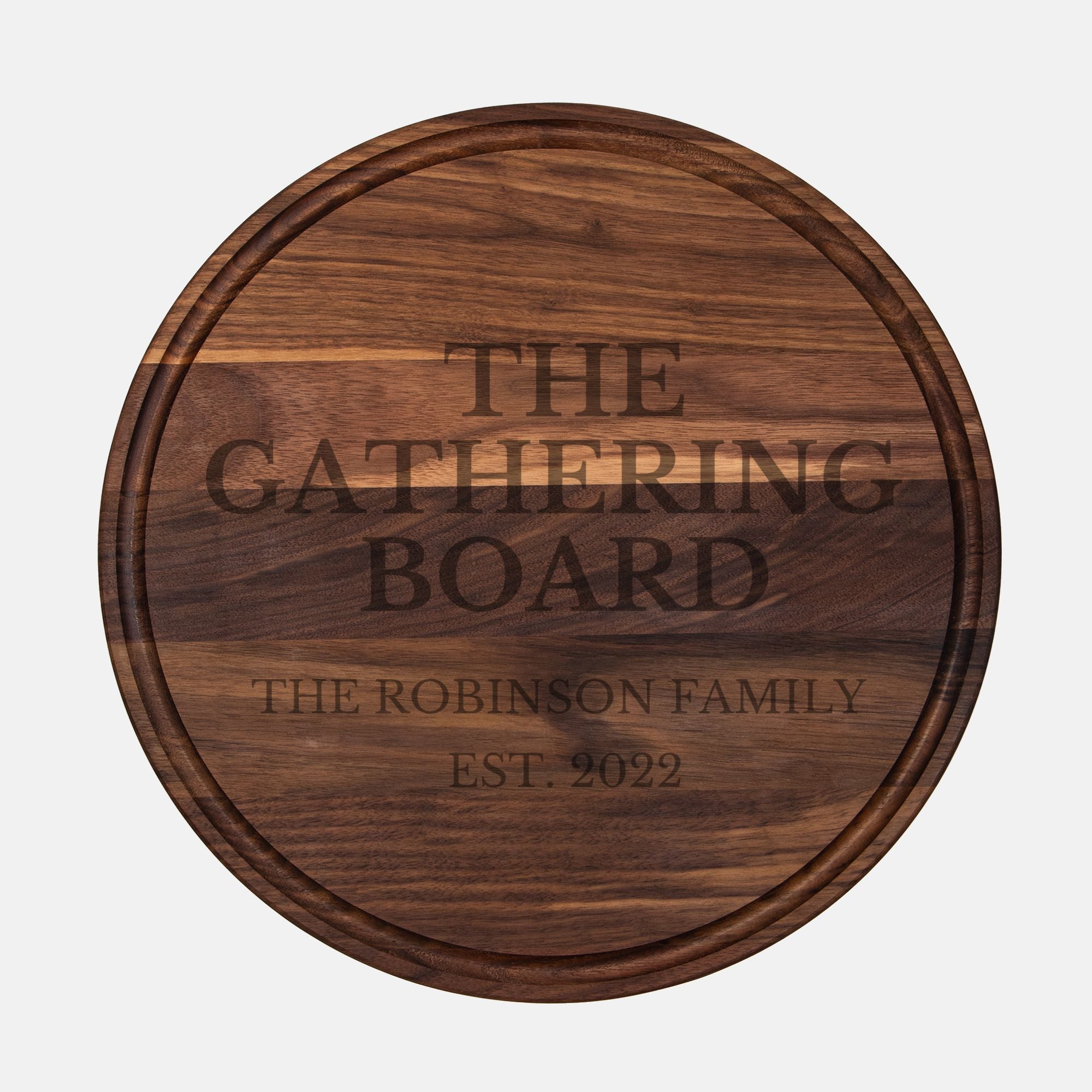 The Gathering Board – Personalized Round Charcuterie Board | Maple or Walnut Family Gift