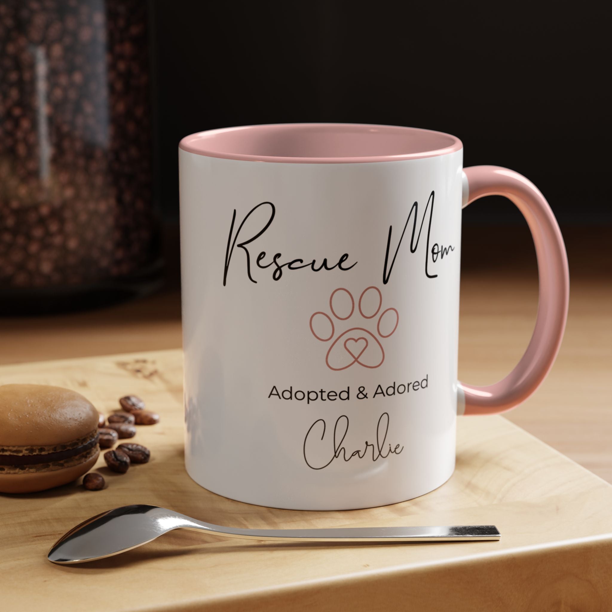 Rescue Mom Mug with Pet Name – Personalized Dog Lover Gift, Adopted & Adored, 15oz Accent Coffee Mug, Dishwasher Safe, USA Made