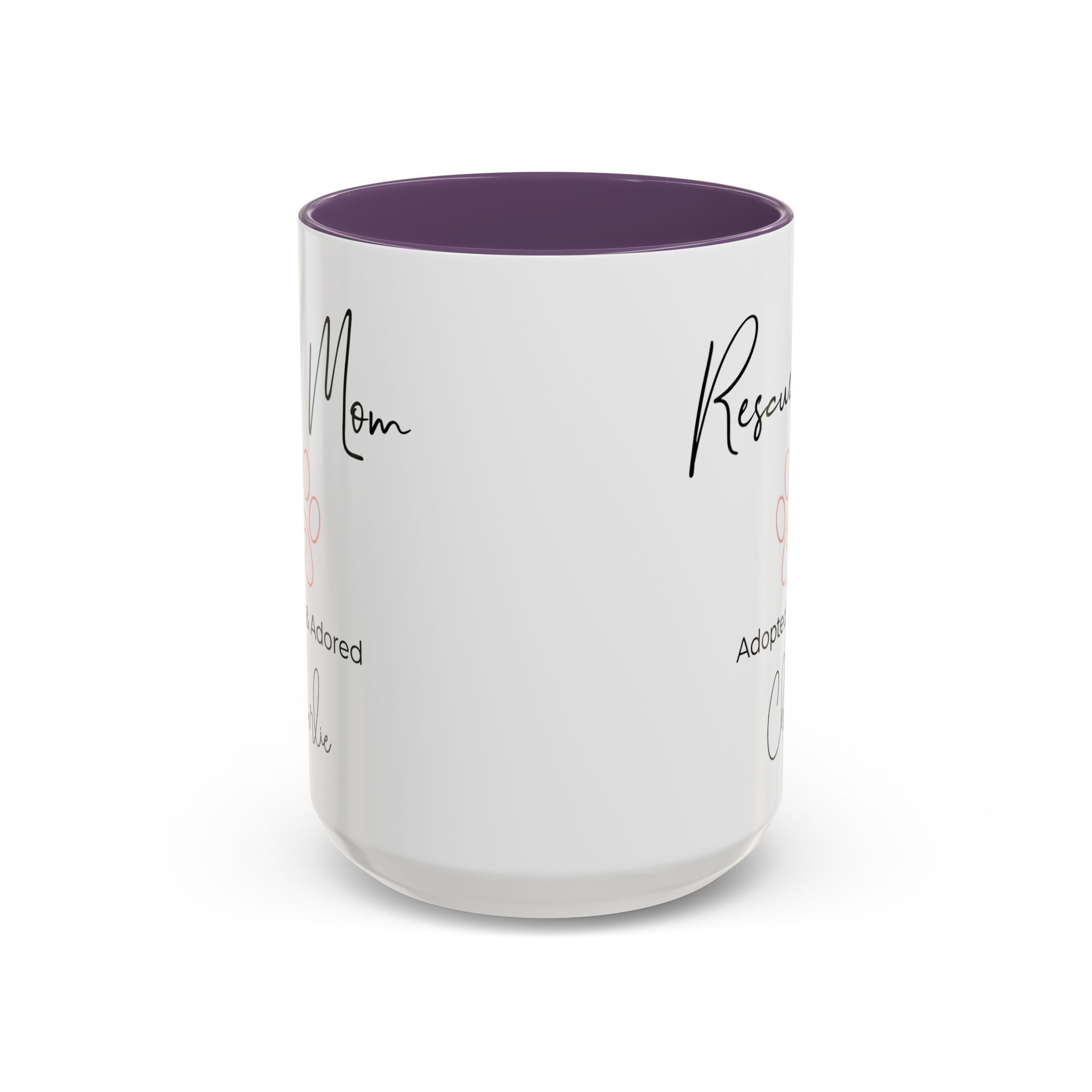 Rescue Mom Mug with Pet Name – Personalized Dog Lover Gift, Adopted & Adored, 15oz Accent Coffee Mug, Dishwasher Safe, USA Made