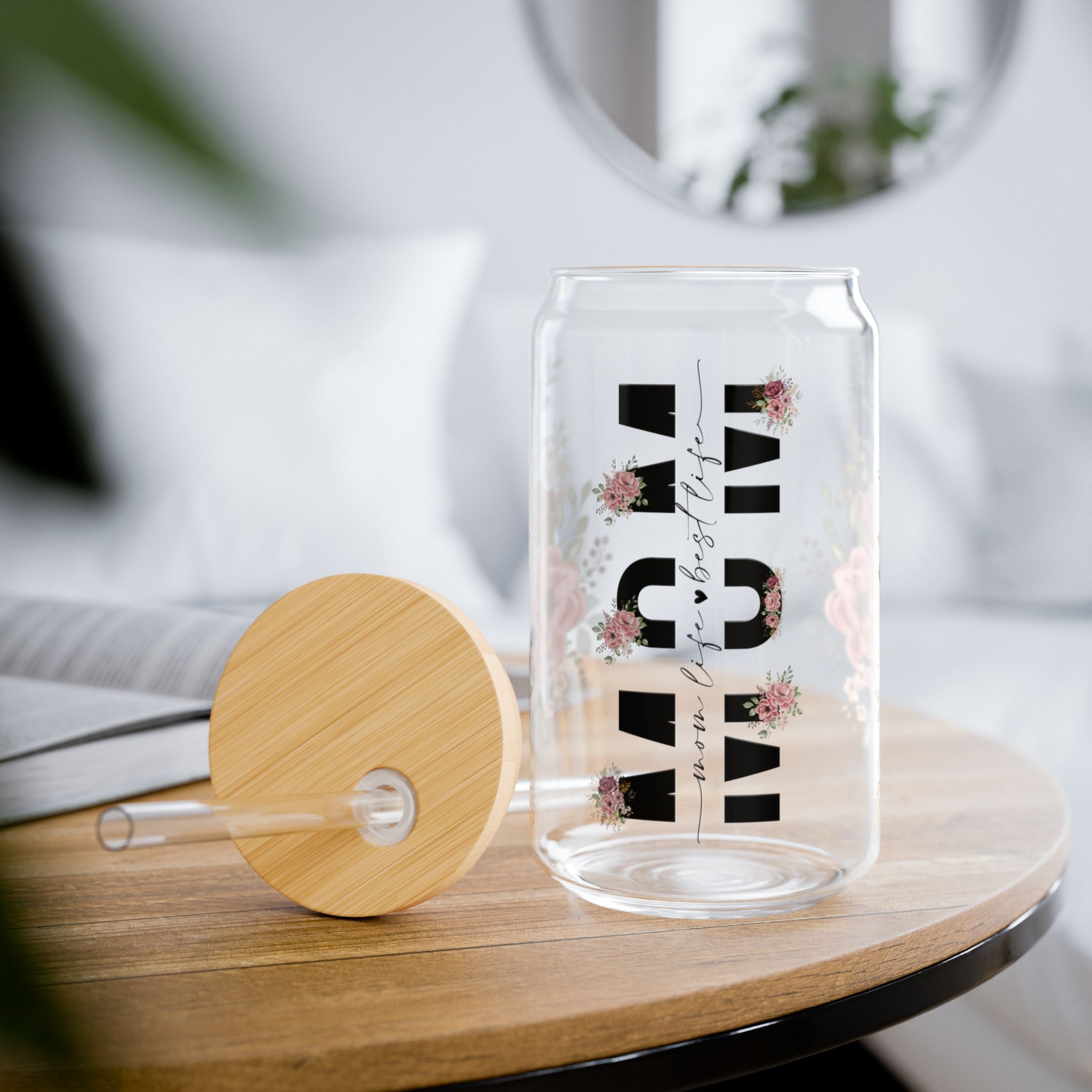 🌸 Floral Mom Life Glass Tumbler – 16oz Reusable Cup with Bamboo Lid & Straw