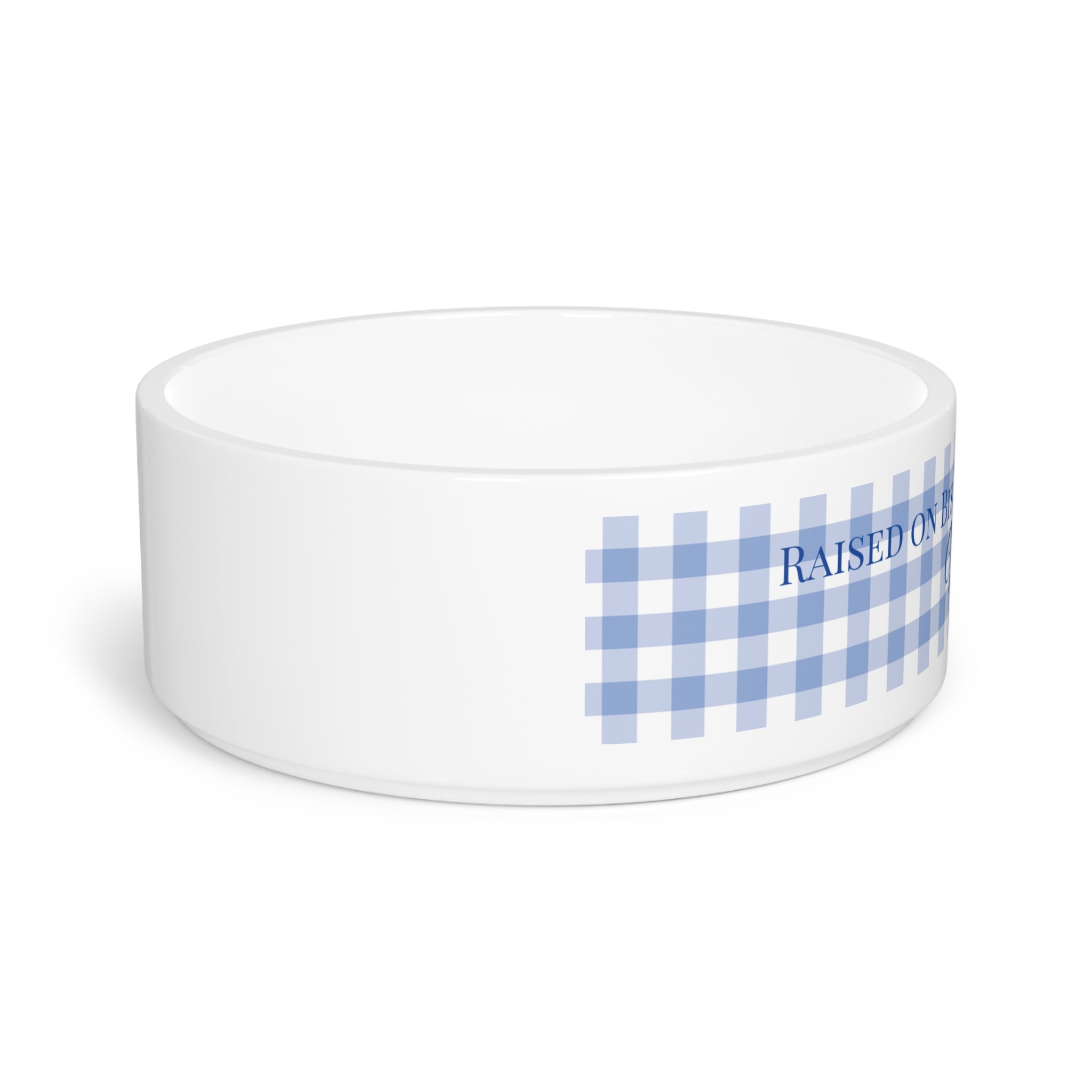 Personalized Dog Food Bowl – “Raised on Biscuits & Belly Rubs” | Custom Ceramic Pet Dish with Blue Gingham Design
