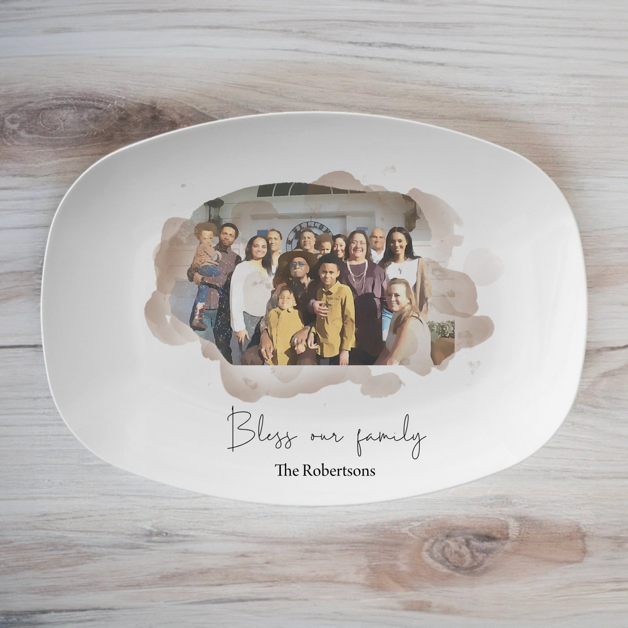 Personalized Family Photo Platter – Custom Watercolor Splash Ceramic Tray with Text