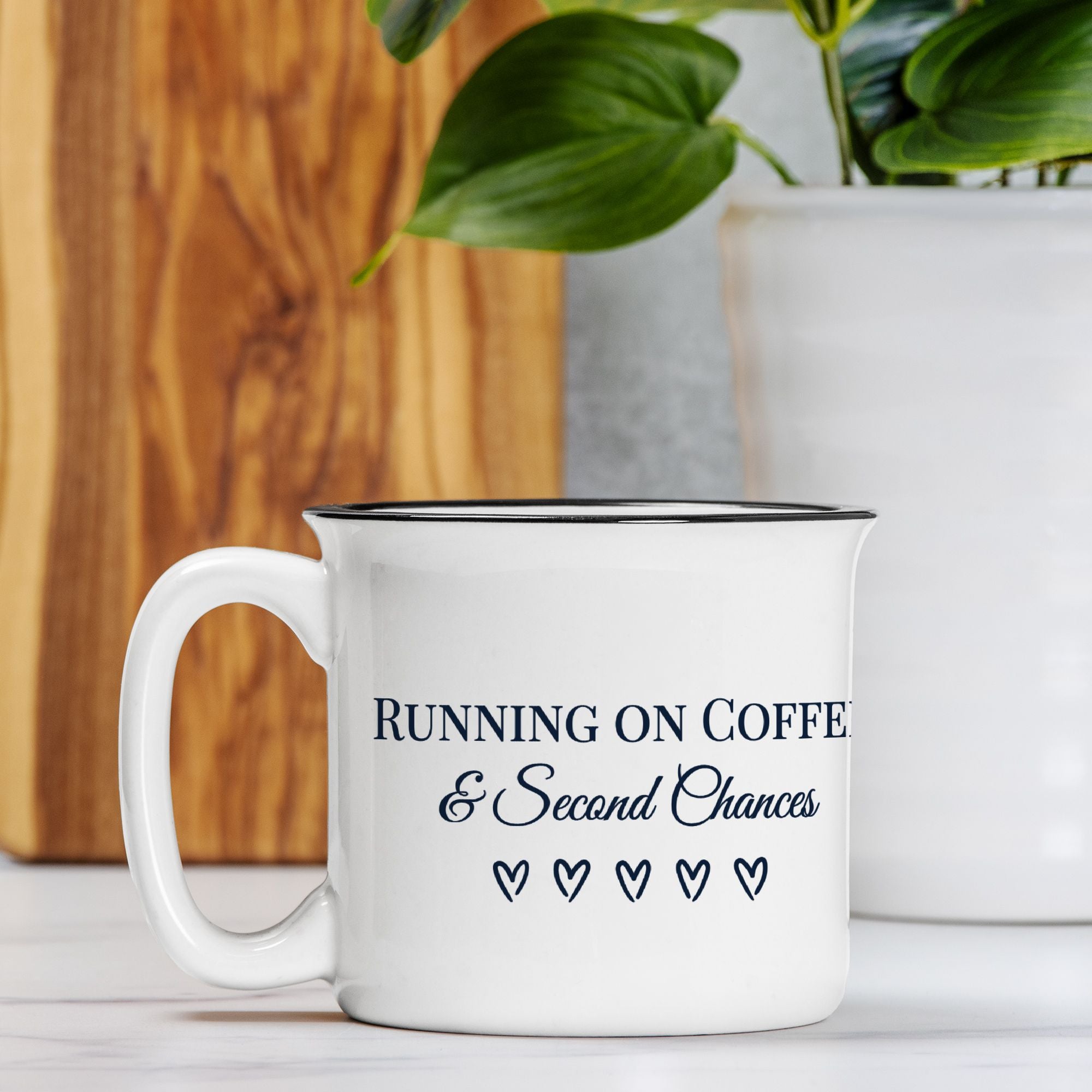Running on Coffee & Second Chances – Personalized White Ceramic Camp Mug Gift