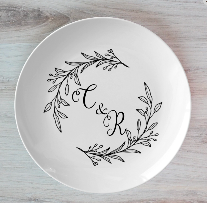 Custom Wedding Monogram Plate Set – Personalized Initials with Botanical Wreath Design