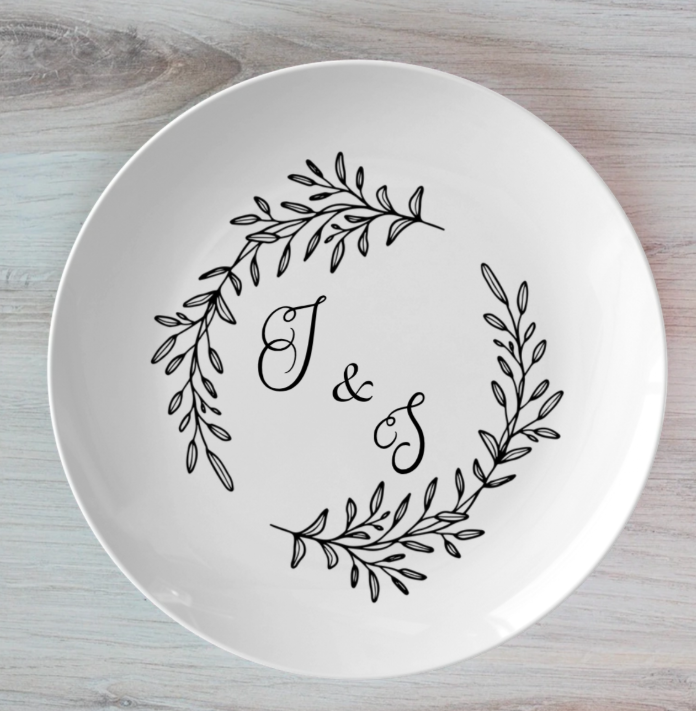 Custom Wedding Monogram Plate Set – Personalized Initials with Botanical Wreath Design