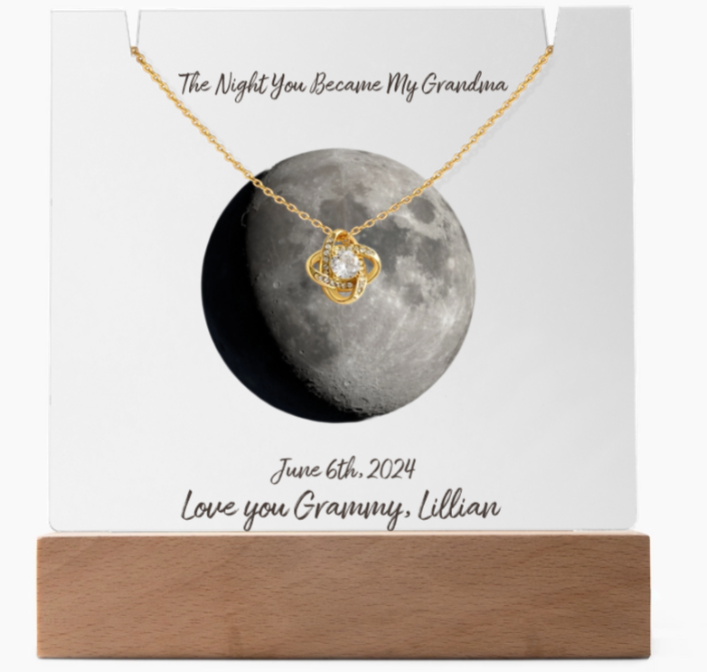 Personalized Moon Phase Acrylic Sign with Love Knot Necklace – “The Night You Became My Grandma” Gift for Grandparents Day, Birthday, or Just Because