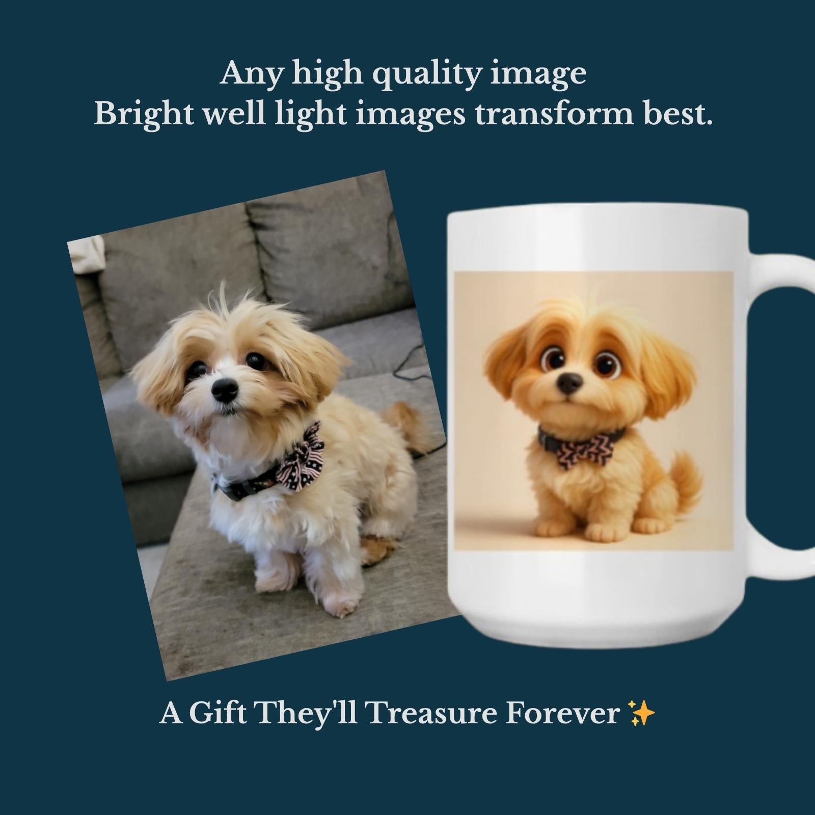 Personalized Cartoon Art Pet or Child Portrait Mug – 15oz Large Coffee Cup, Custom Photo Gift for Pet Lovers & Families