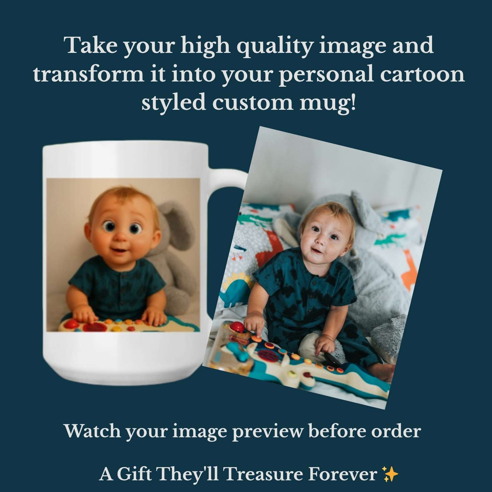 Personalized Cartoon Art Pet or Child Portrait Mug – 15oz Large Coffee Cup, Custom Photo Gift for Pet Lovers & Families