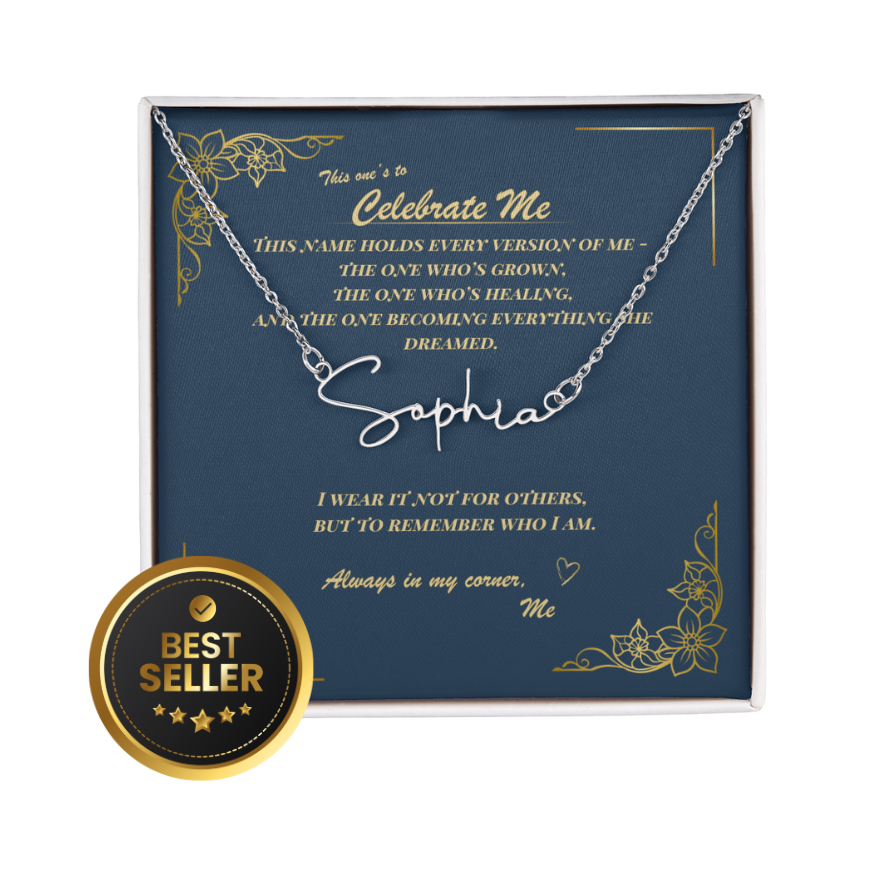 Celebrate Yourself – Personalized Signature Name Necklace with Empowering Message Card