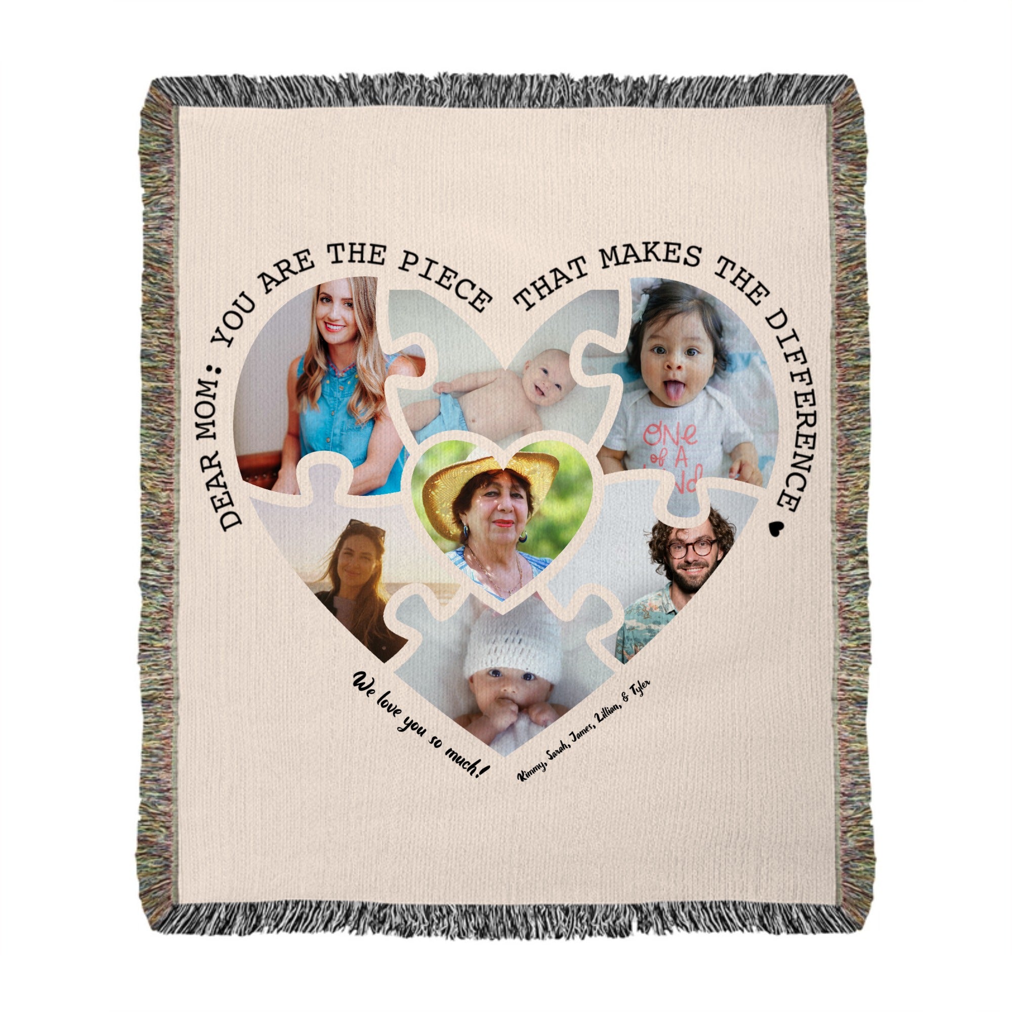 Custom Family Photo Collage Woven Blanket – Personalized Puzzle Heart Throw with Names & Text