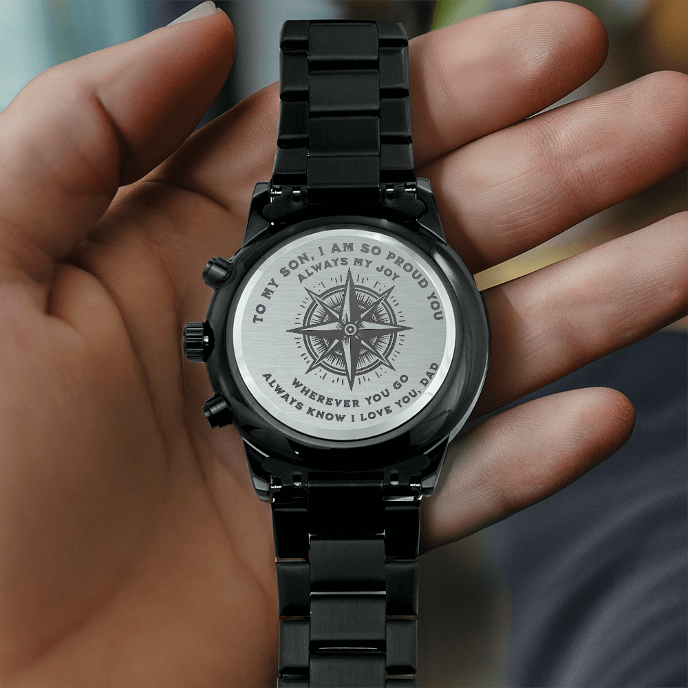 ⌚ To My Son – Engraved Black Chronograph Watch | "Wherever You Go, I Love You" Gift from Dad