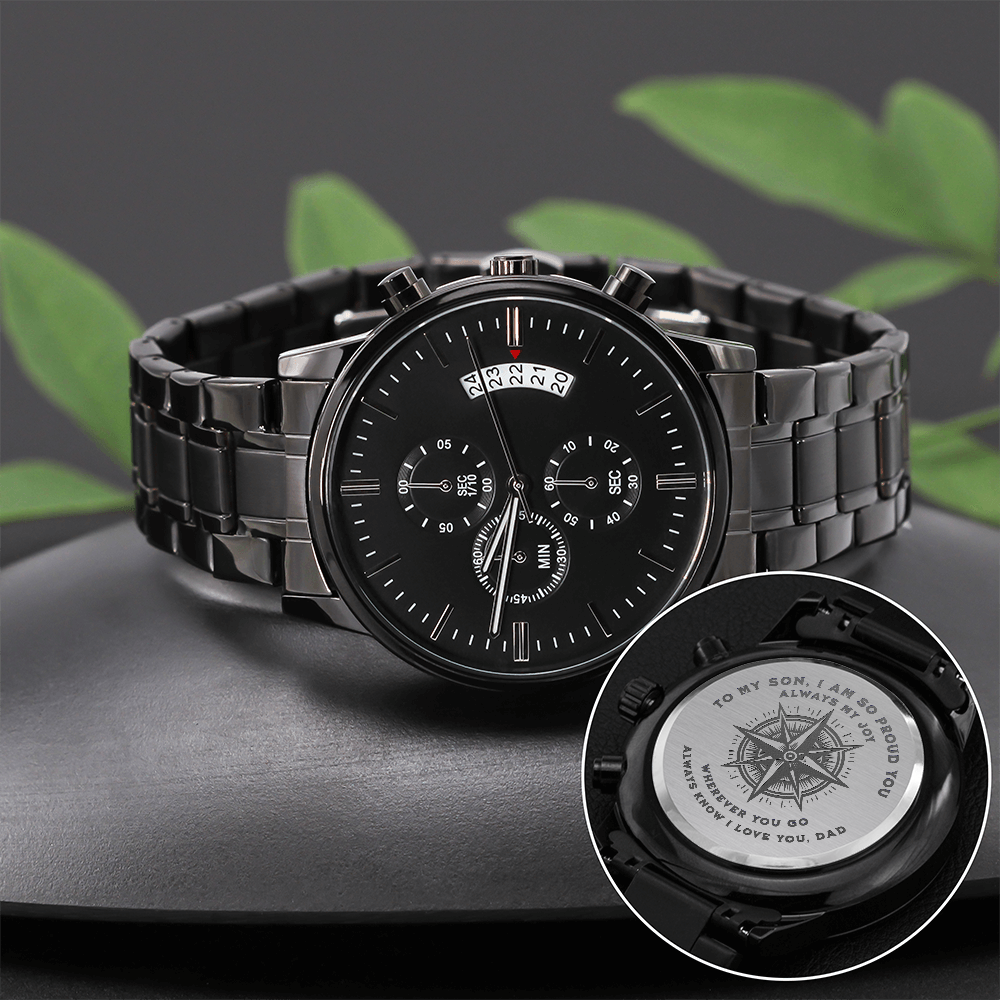 ⌚ To My Son – Engraved Black Chronograph Watch | "Wherever You Go, I Love You" Gift from Dad