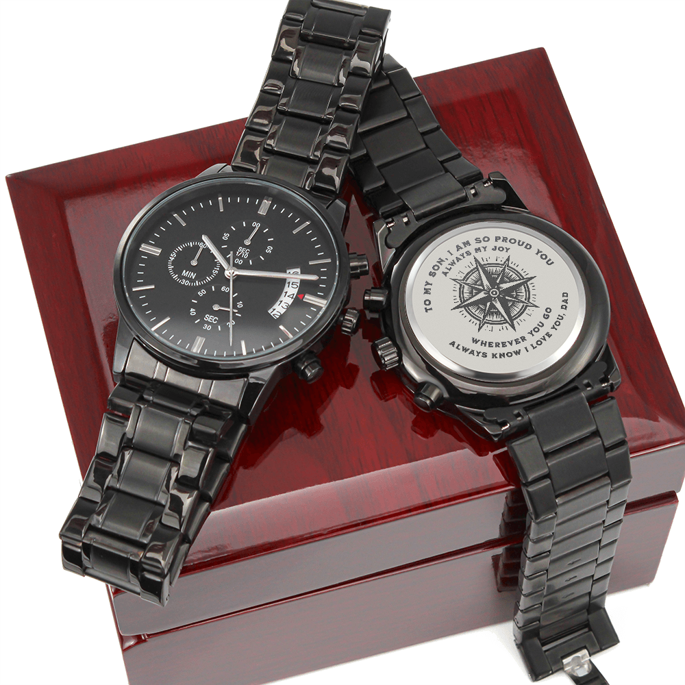 ⌚ To My Son – Engraved Black Chronograph Watch | "Wherever You Go, I Love You" Gift from Dad
