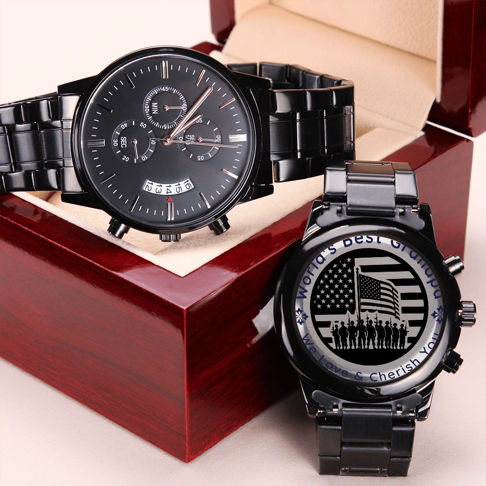 Veteran Grandpa – Engraved Black Chronograph Watch | “World’s Best Grandpa” Military Tribute Gift