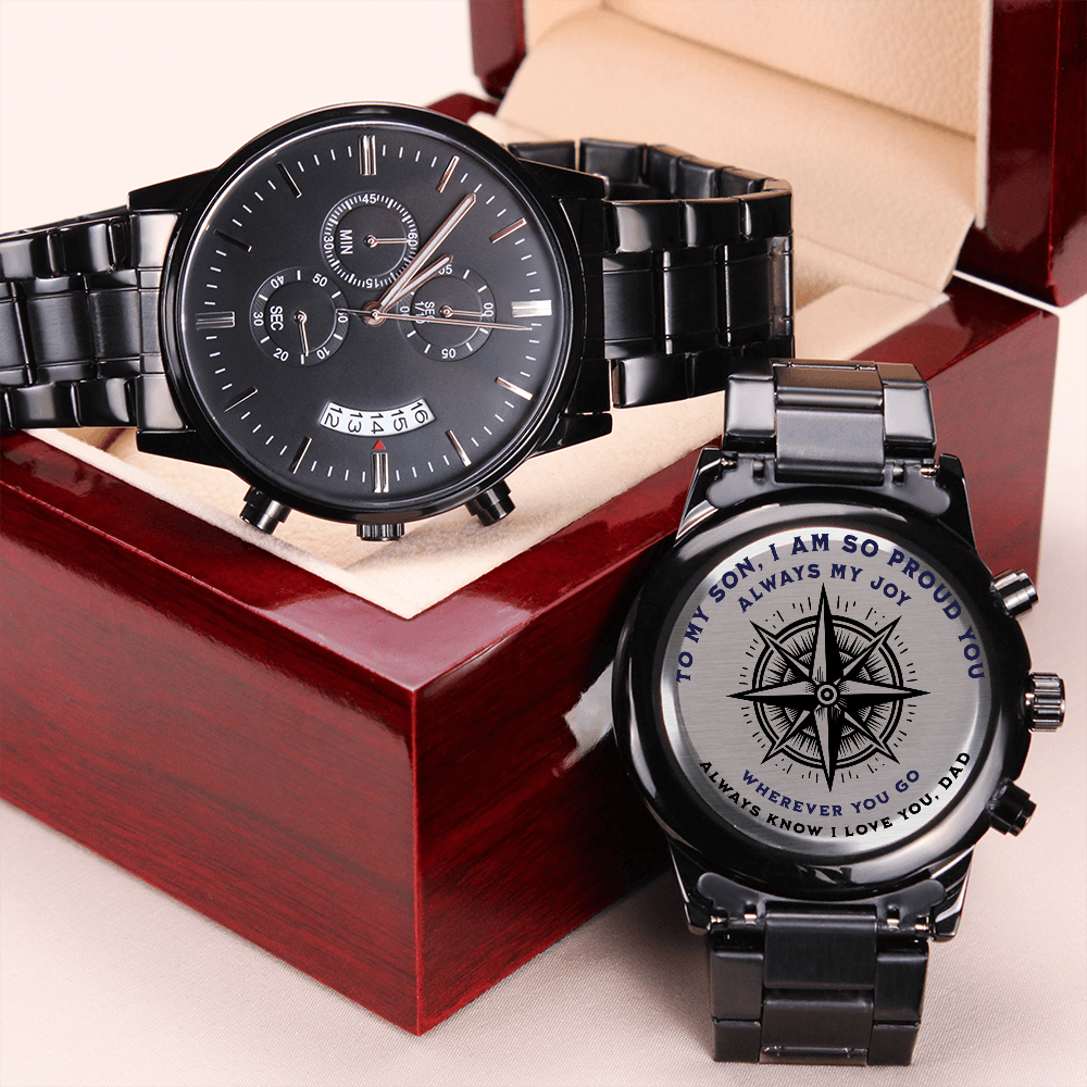 ⌚ To My Son – Engraved Black Chronograph Watch | "Wherever You Go, I Love You" Gift from Dad