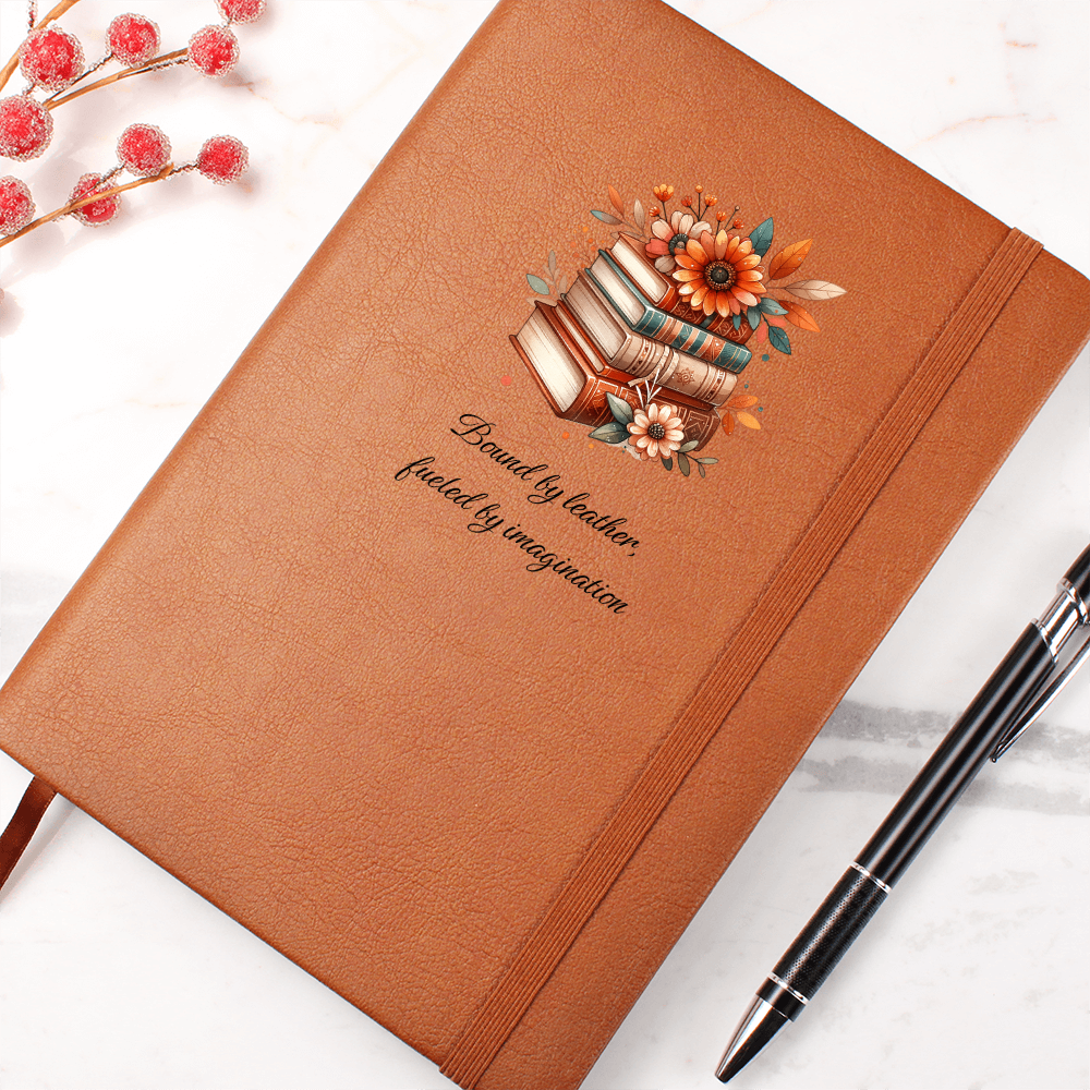 📚 “Bound by Leather, Fueled by Imagination” – Floral Book Stack Vegan Leather Journal | Gift for Readers & Writers