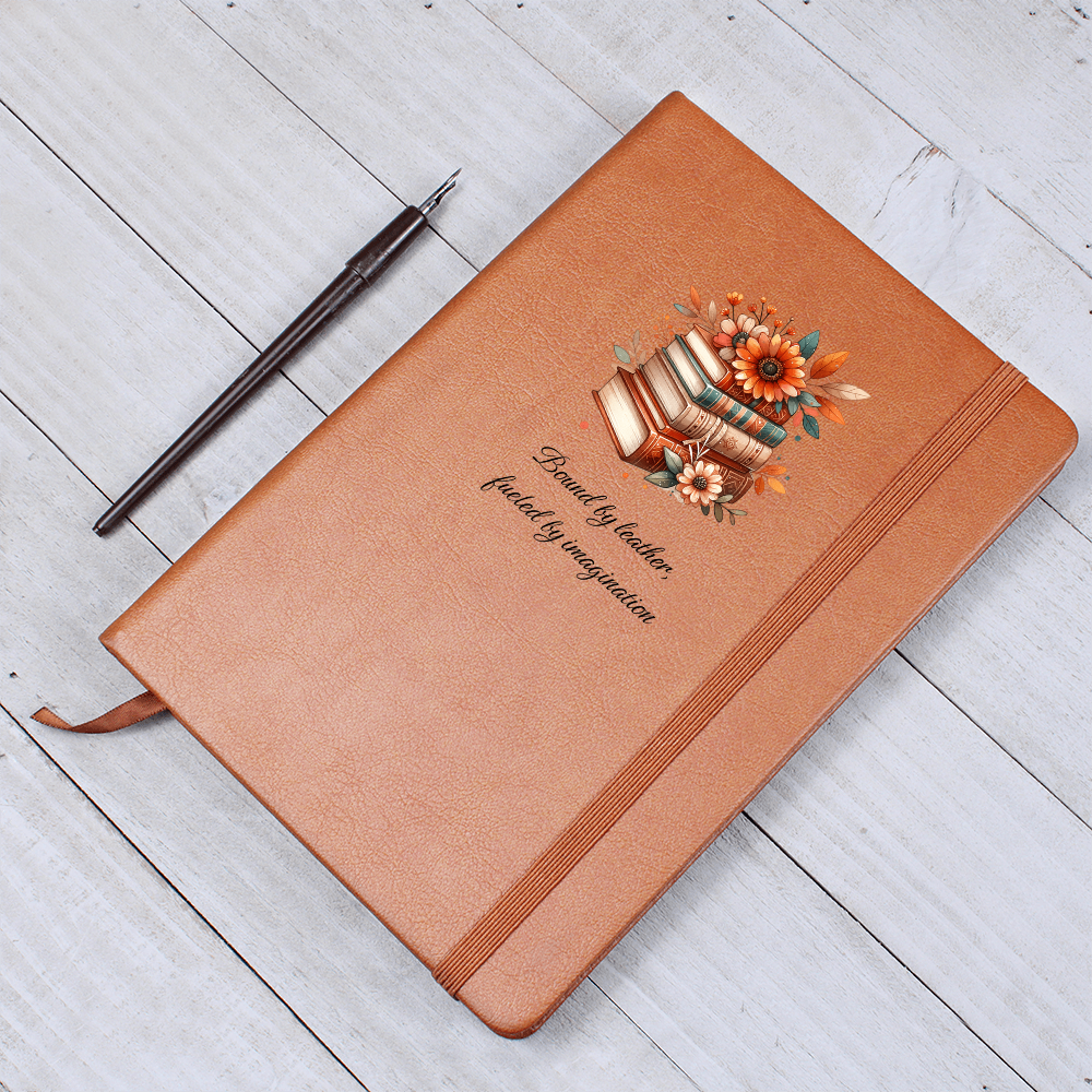 📚 “Bound by Leather, Fueled by Imagination” – Floral Book Stack Vegan Leather Journal | Gift for Readers & Writers