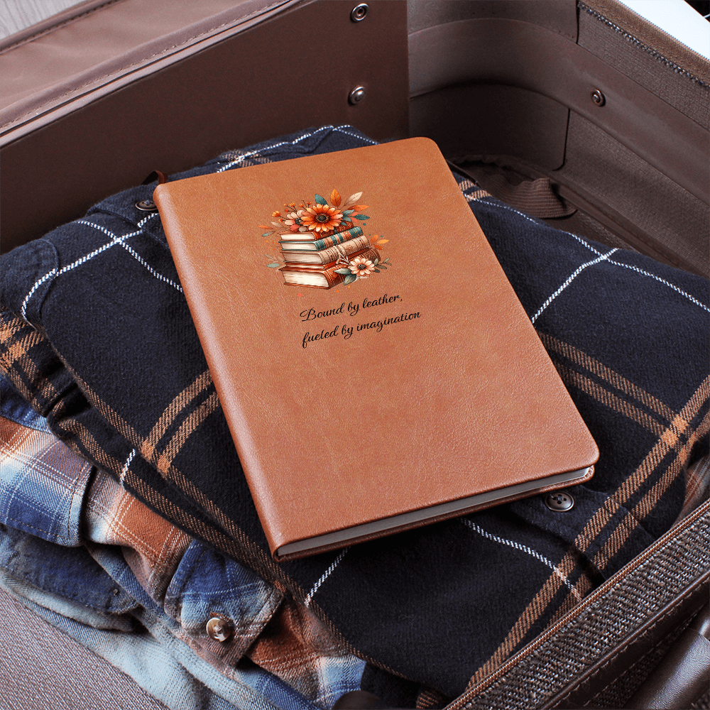 📚 “Bound by Leather, Fueled by Imagination” – Floral Book Stack Vegan Leather Journal | Gift for Readers & Writers