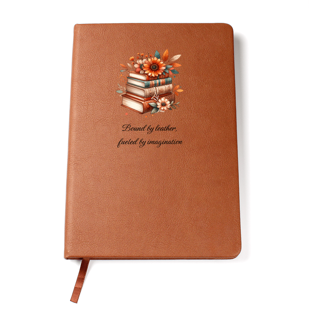 📚 “Bound by Leather, Fueled by Imagination” – Floral Book Stack Vegan Leather Journal | Gift for Readers & Writers