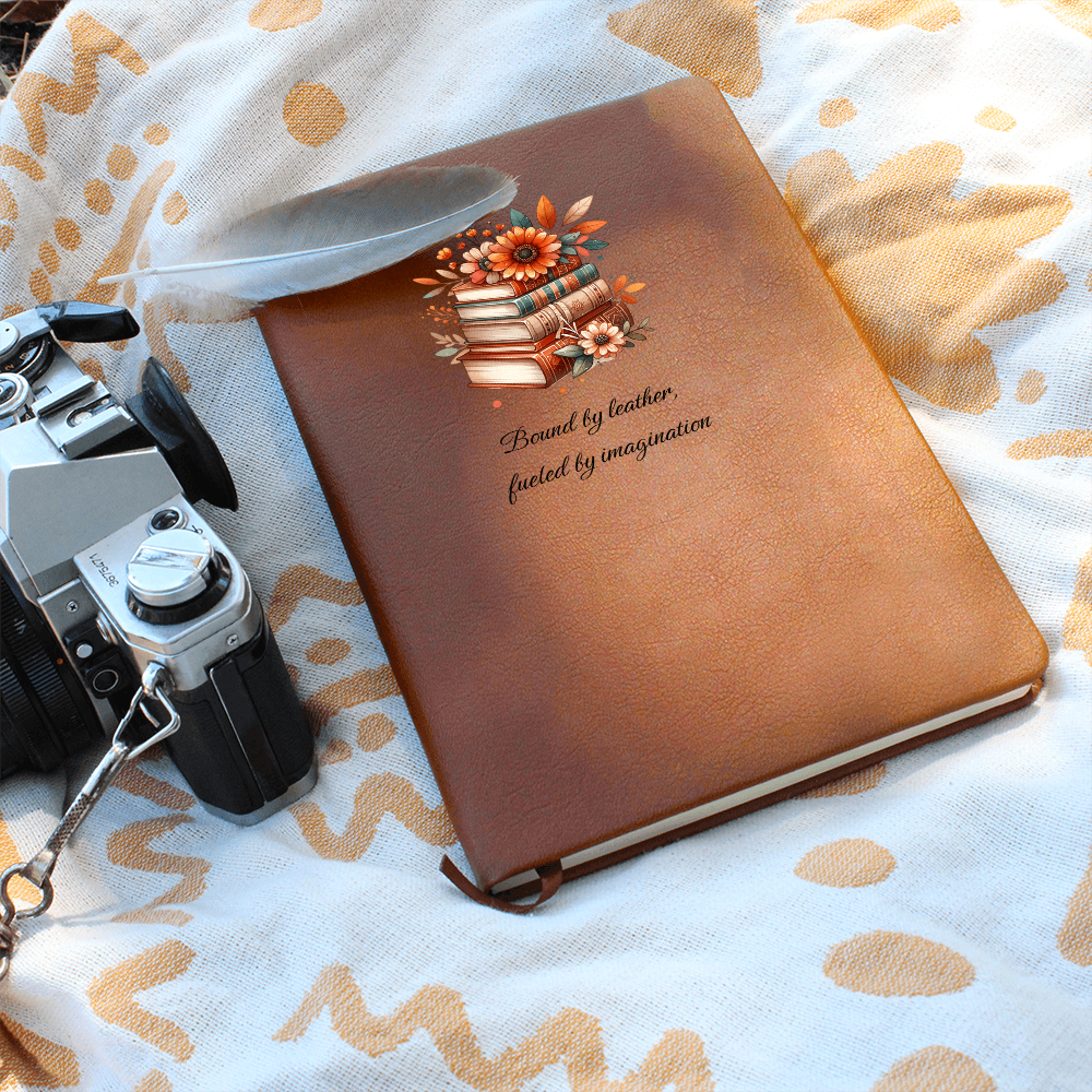 📚 “Bound by Leather, Fueled by Imagination” – Floral Book Stack Vegan Leather Journal | Gift for Readers & Writers