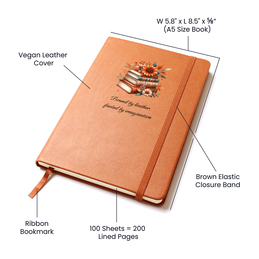 📚 “Bound by Leather, Fueled by Imagination” – Floral Book Stack Vegan Leather Journal | Gift for Readers & Writers