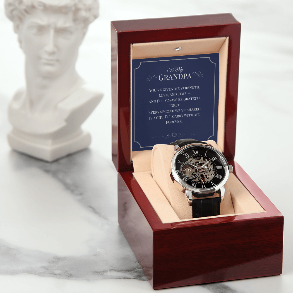 Openwork Watch Gift for Grandpa – Elegant Skeleton-Style Timepiece with Heartfelt Message Card | Grandparents Day, Birthday, or Retirement Gift