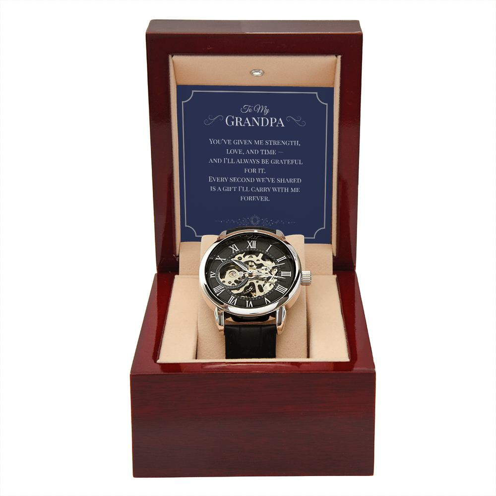 Openwork Watch Gift for Grandpa – Elegant Skeleton-Style Timepiece with Heartfelt Message Card | Grandparents Day, Birthday, or Retirement Gift