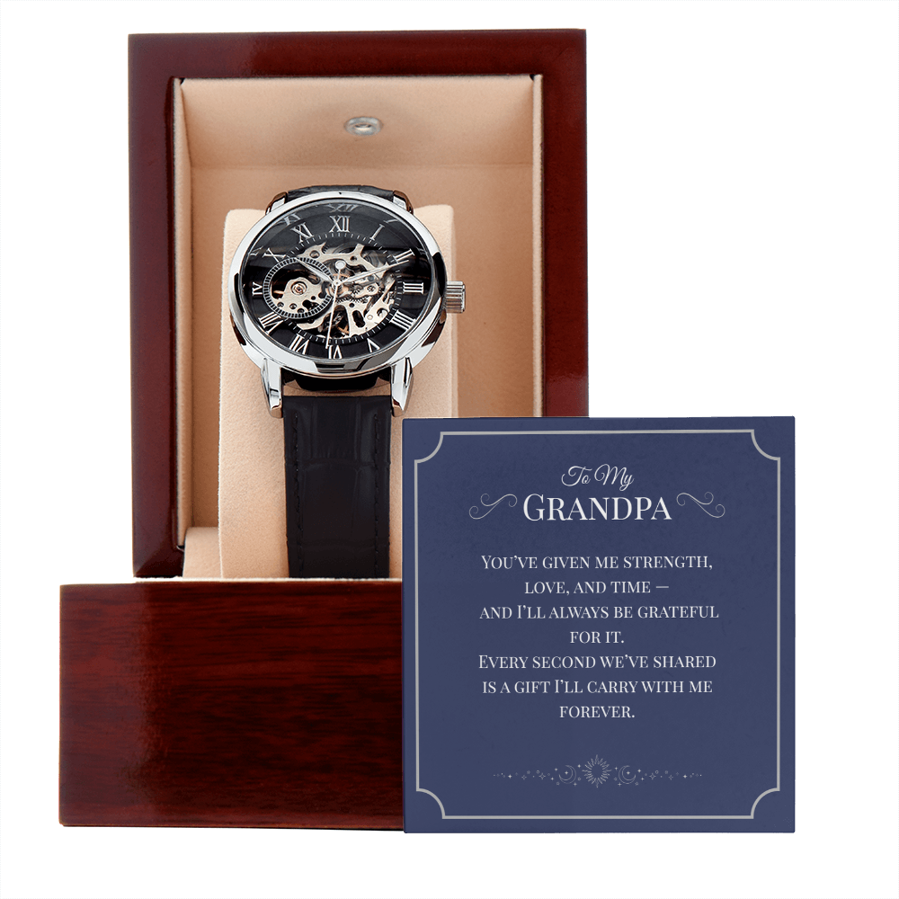 Openwork Watch Gift for Grandpa – Elegant Skeleton-Style Timepiece with Heartfelt Message Card | Grandparents Day, Birthday, or Retirement Gift