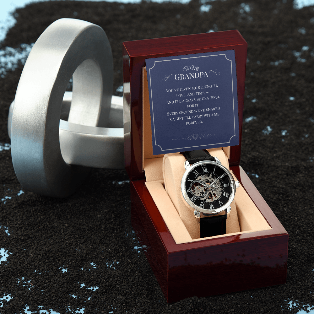 Openwork Watch Gift for Grandpa – Elegant Skeleton-Style Timepiece with Heartfelt Message Card | Grandparents Day, Birthday, or Retirement Gift