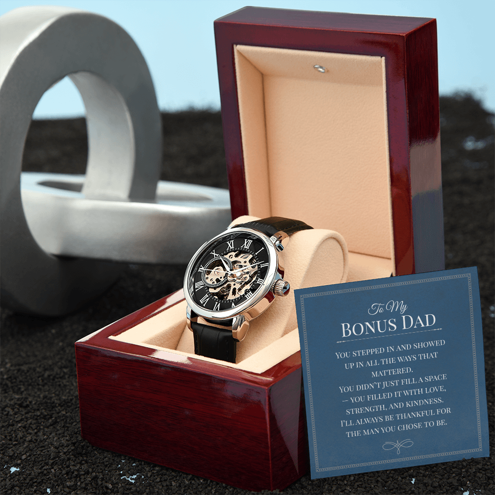 Openwork Watch Gift for Bonus Dad – Elegant Skeleton-Style Timepiece with Heartfelt Message Card | Appreciation, Birthday, or Father Figure Gift